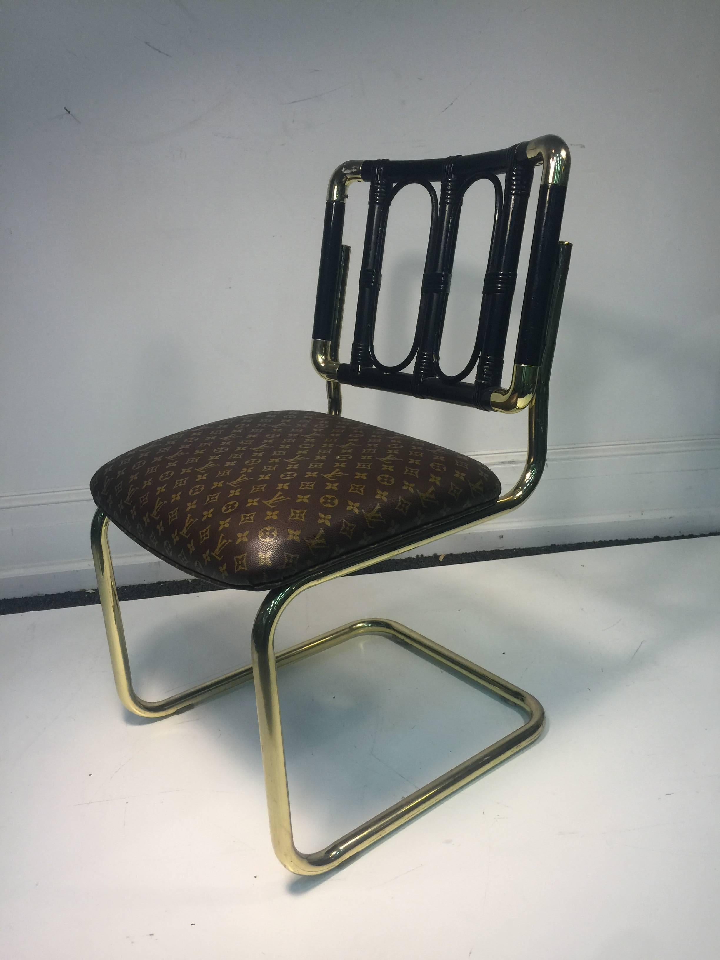 European Luxurious Set of Four Brass Italian Chairs Upholstered in Louis Vuitton Leather For Sale