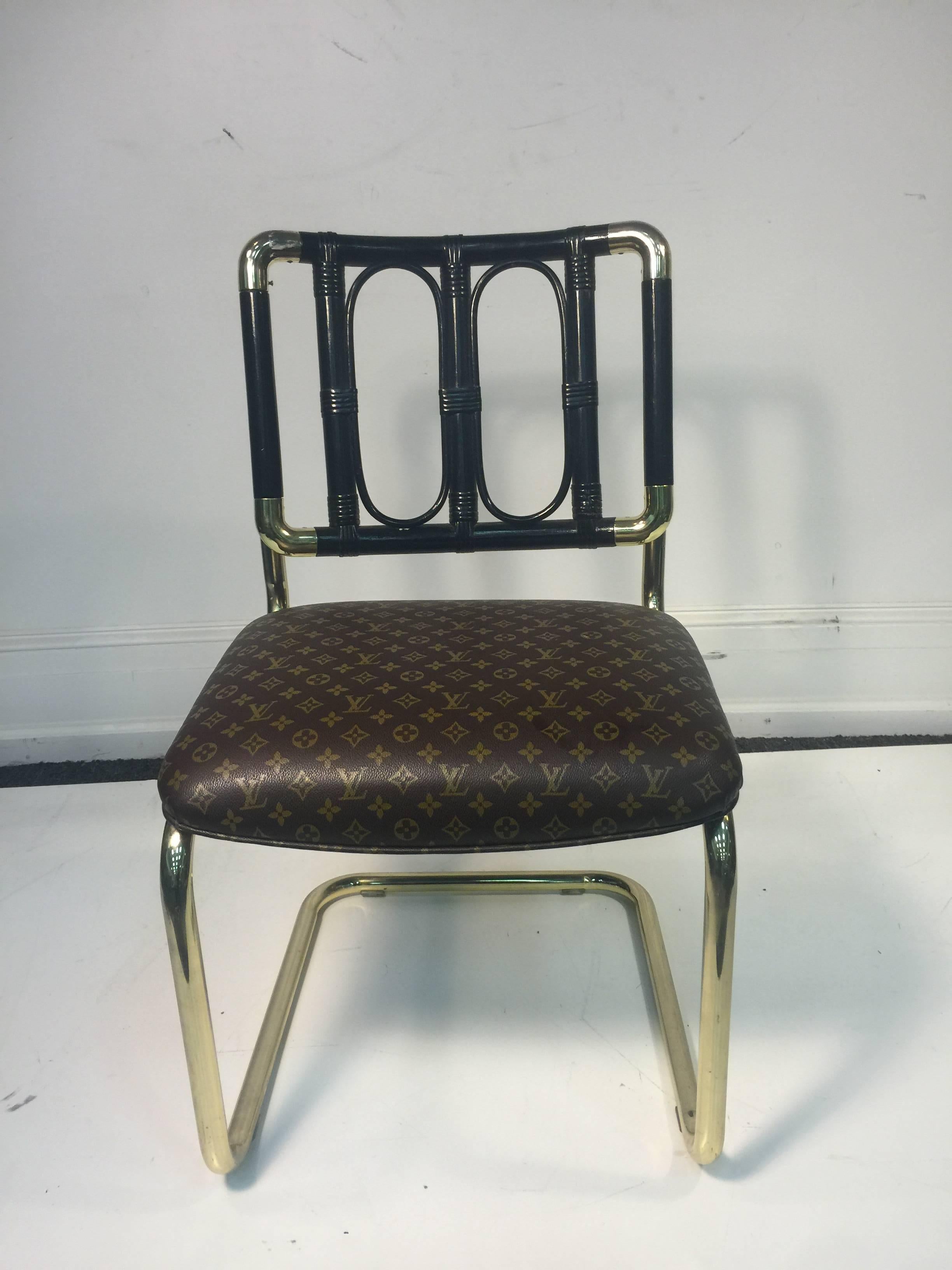 Modern Luxurious Set of Four Brass Italian Chairs Upholstered in Louis Vuitton Leather For Sale