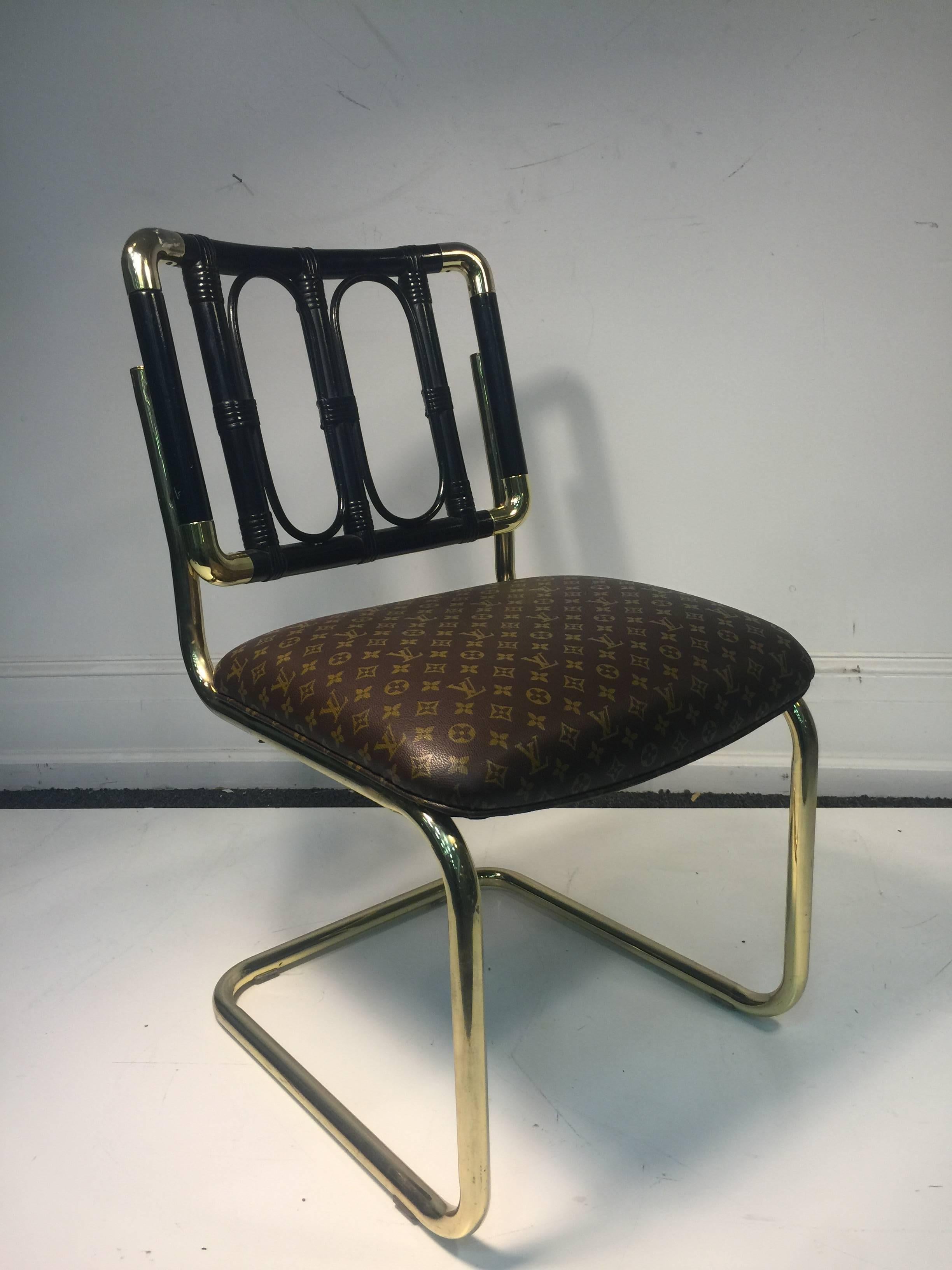 Luxurious Set of Four Brass Italian Chairs Upholstered in Louis Vuitton Leather In Good Condition For Sale In Mount Penn, PA