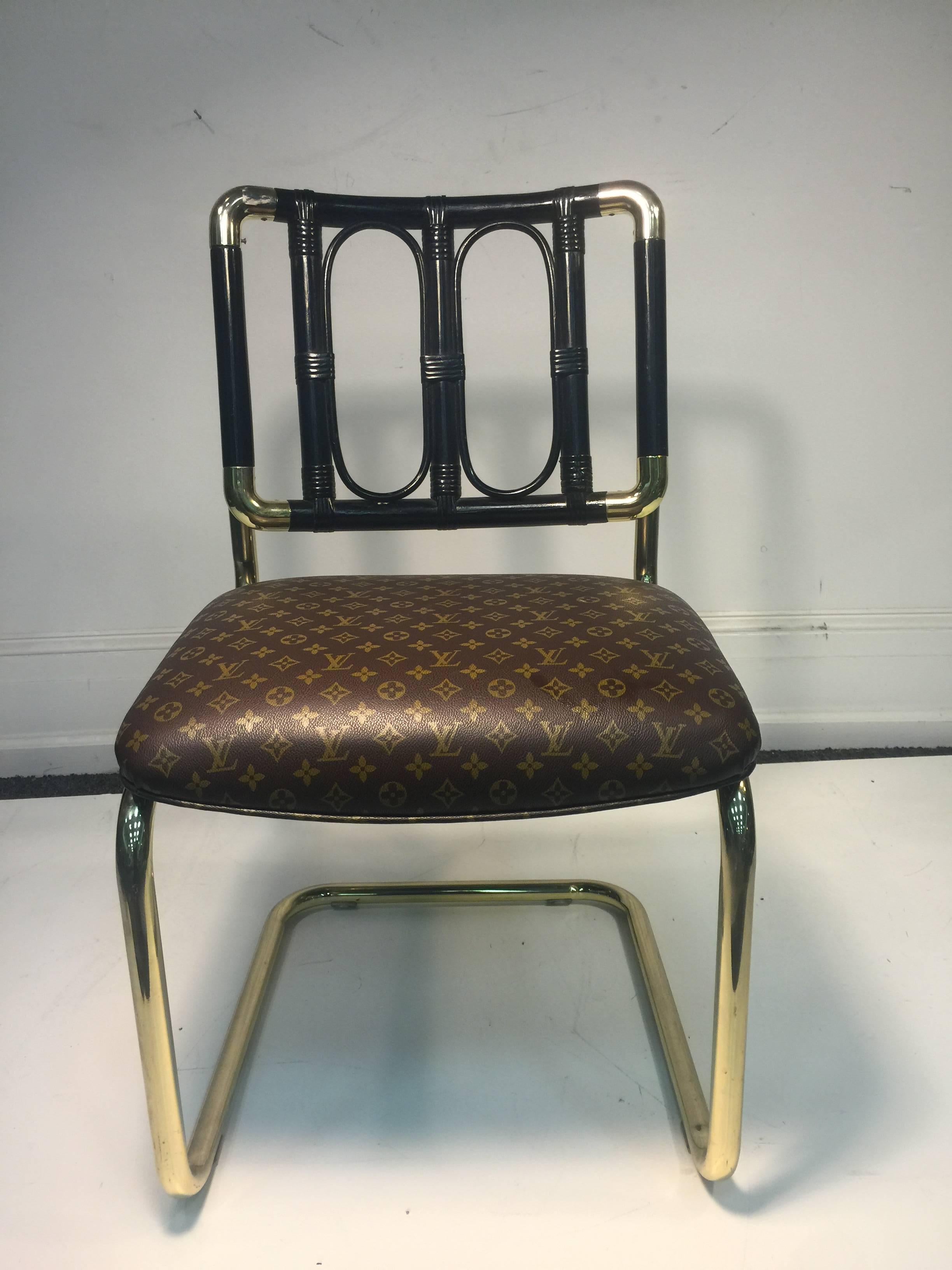20th Century Luxurious Set of Four Brass Italian Chairs Upholstered in Louis Vuitton Leather For Sale