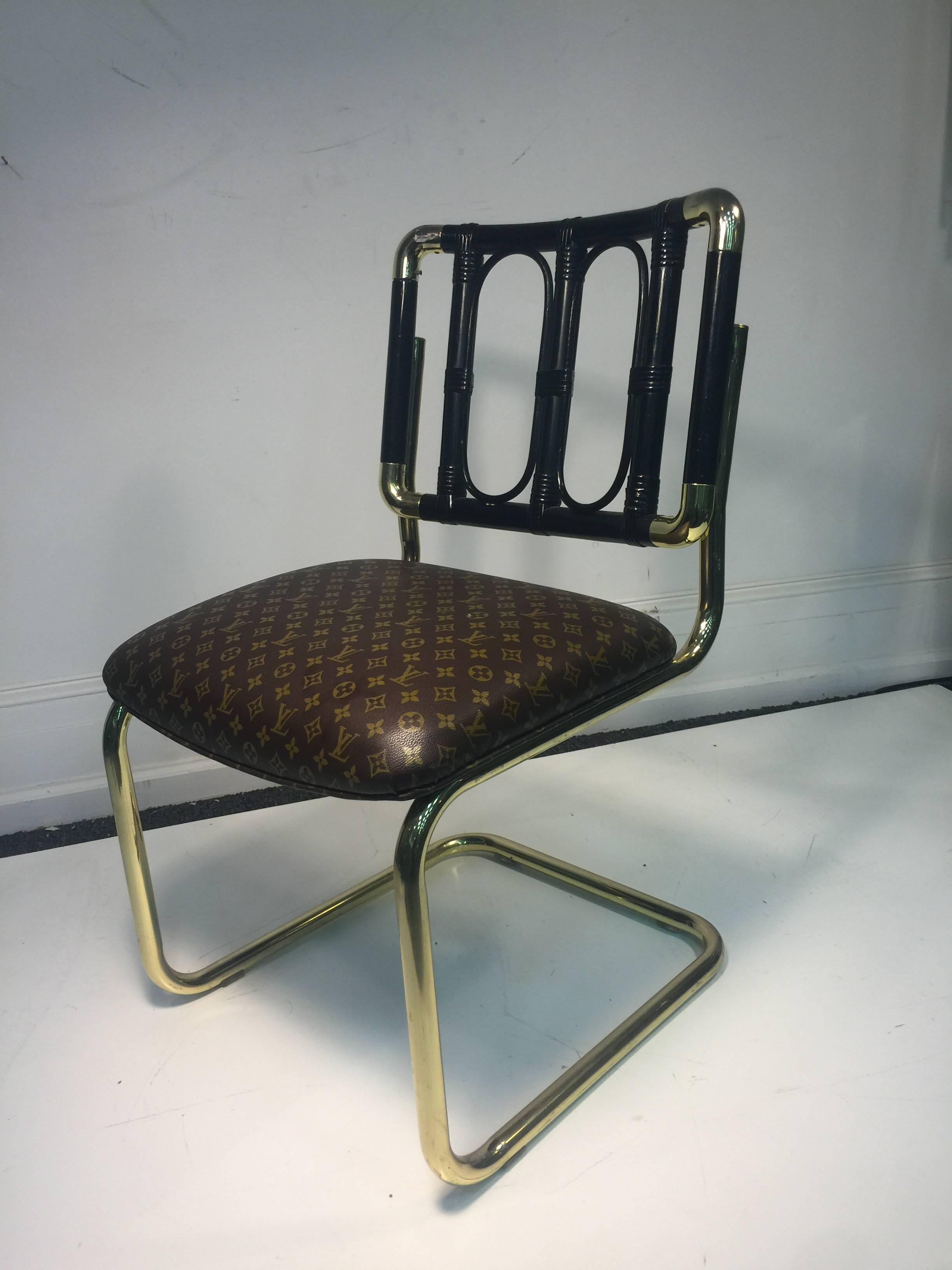 Luxurious Set of Four Brass Italian Chairs Upholstered in Louis Vuitton Leather For Sale 1