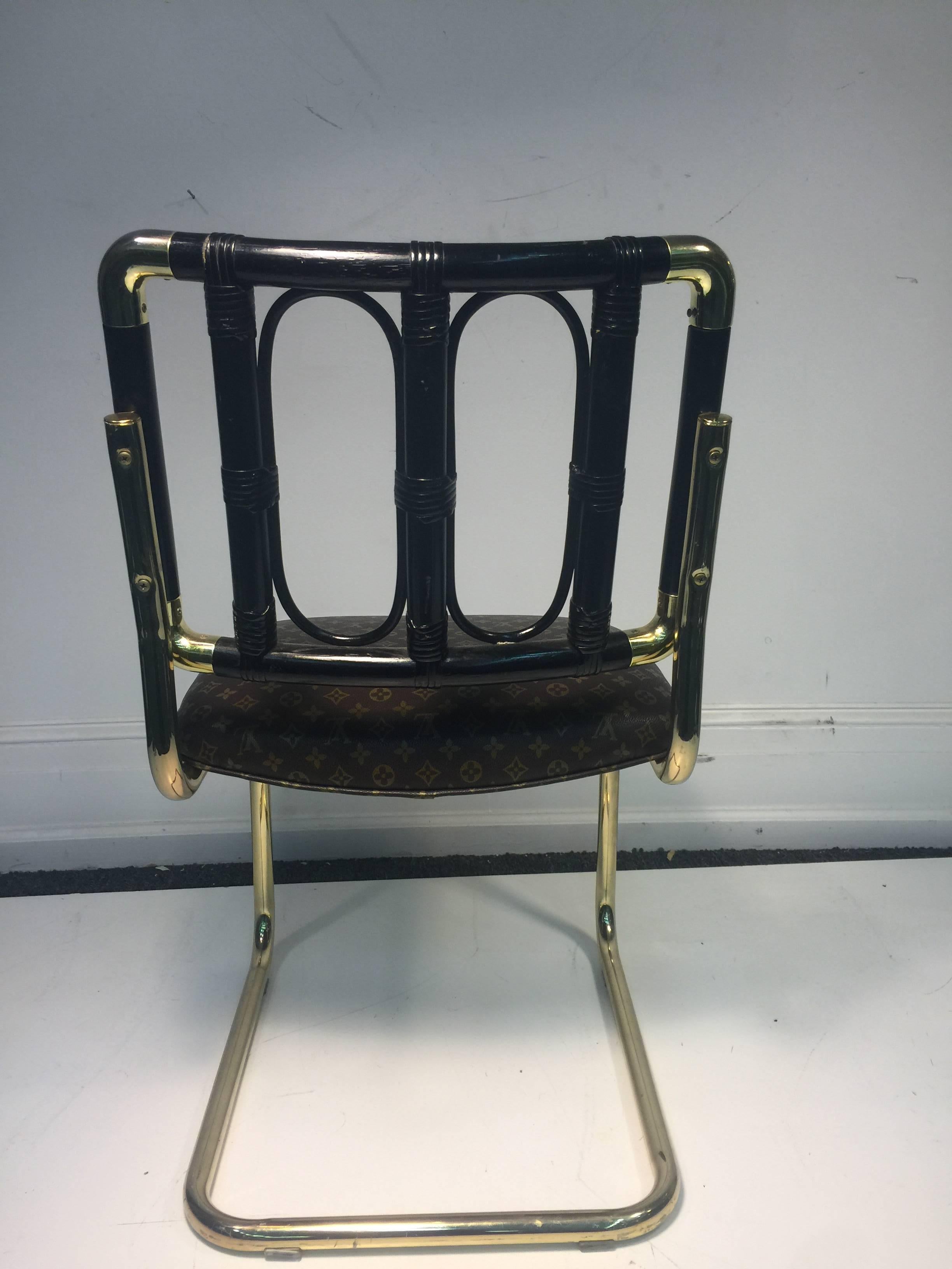 Luxurious Set of Four Brass Italian Chairs Upholstered in Louis Vuitton Leather For Sale 2