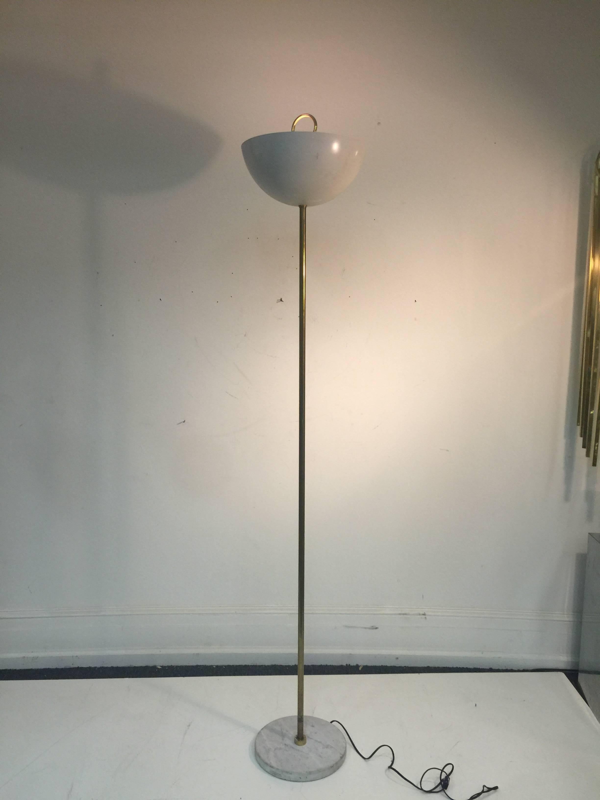 An unusual Italian floor lamp in brass with enamel shade in the manner of Angelo Lelli, circa 1960s. Good condition with age appropriate wear.
