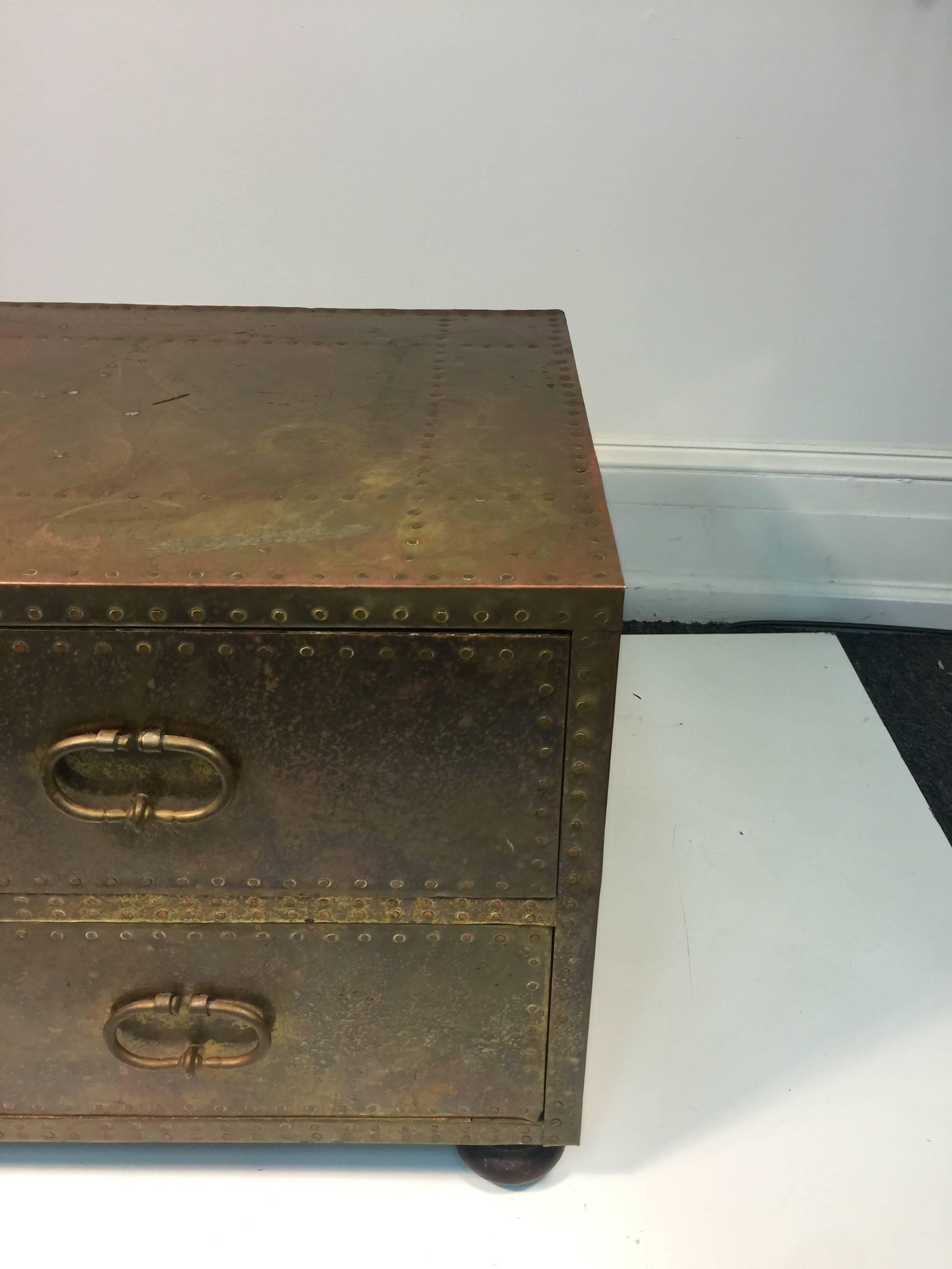 Stunning Sarreid Brass Studded Chest of Drawers or Trunk In Good Condition For Sale In Mount Penn, PA