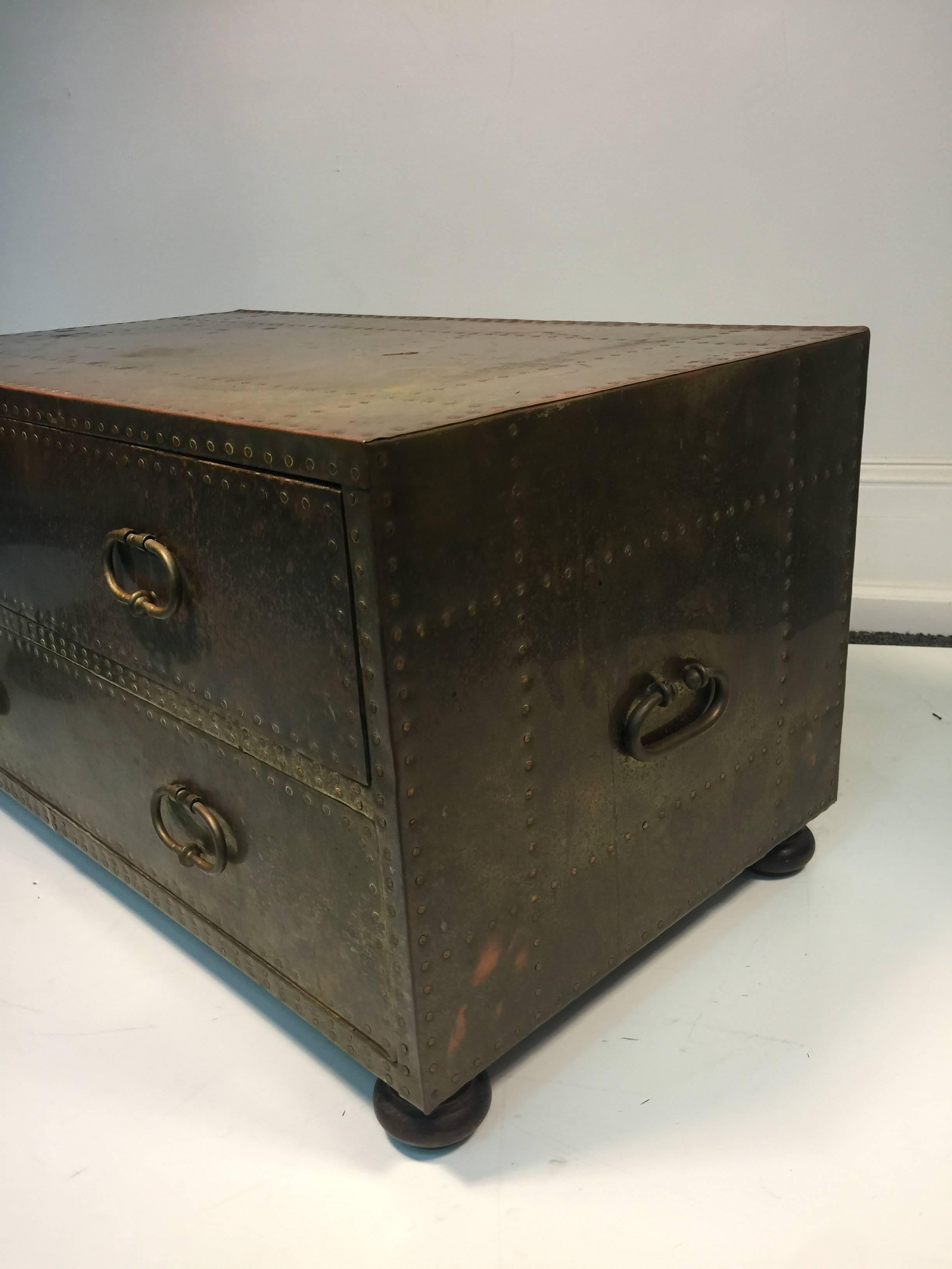 20th Century Stunning Sarreid Brass Studded Chest of Drawers or Trunk For Sale