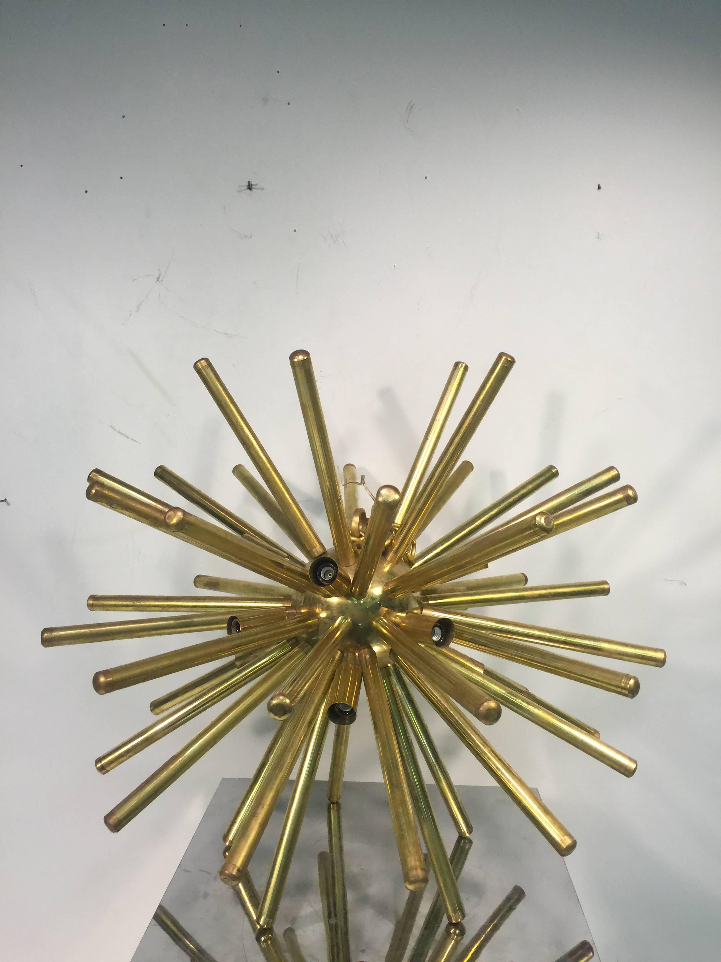 American Stunning Pair of Sputnik Chandeliers with Substantial, Tubular, Brass Rods For Sale