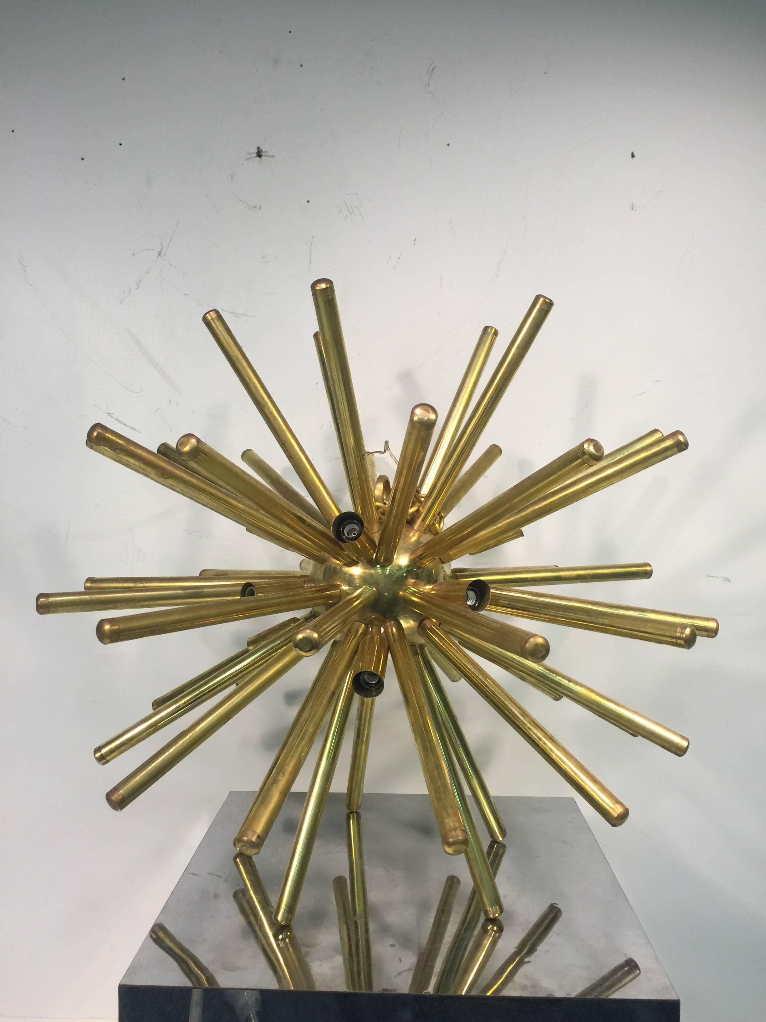 Stunning Pair of Sputnik Chandeliers with Substantial, Tubular, Brass Rods In Good Condition For Sale In Mount Penn, PA