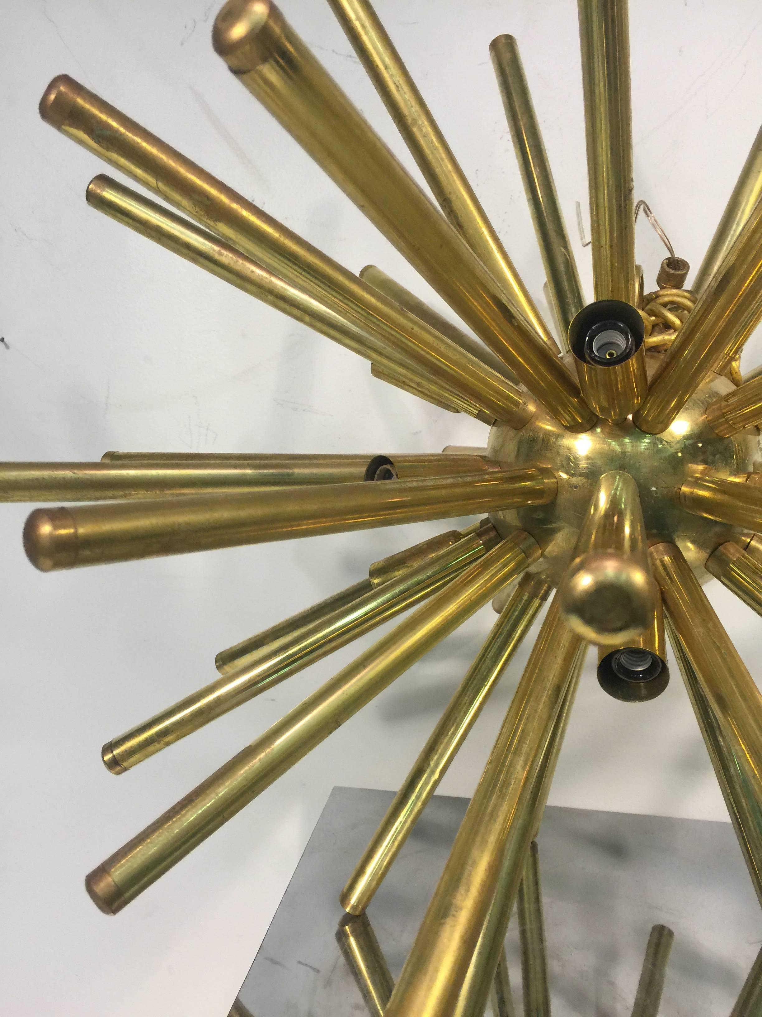20th Century Stunning Pair of Sputnik Chandeliers with Substantial, Tubular, Brass Rods For Sale