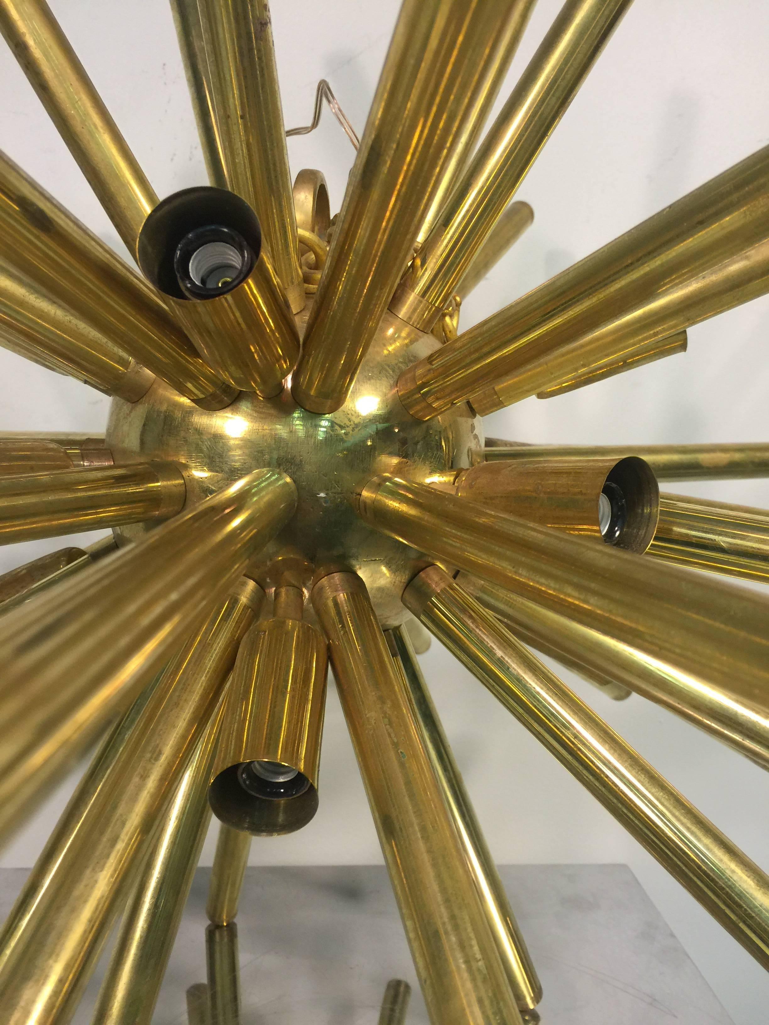 Stunning Pair of Sputnik Chandeliers with Substantial, Tubular, Brass Rods For Sale 2
