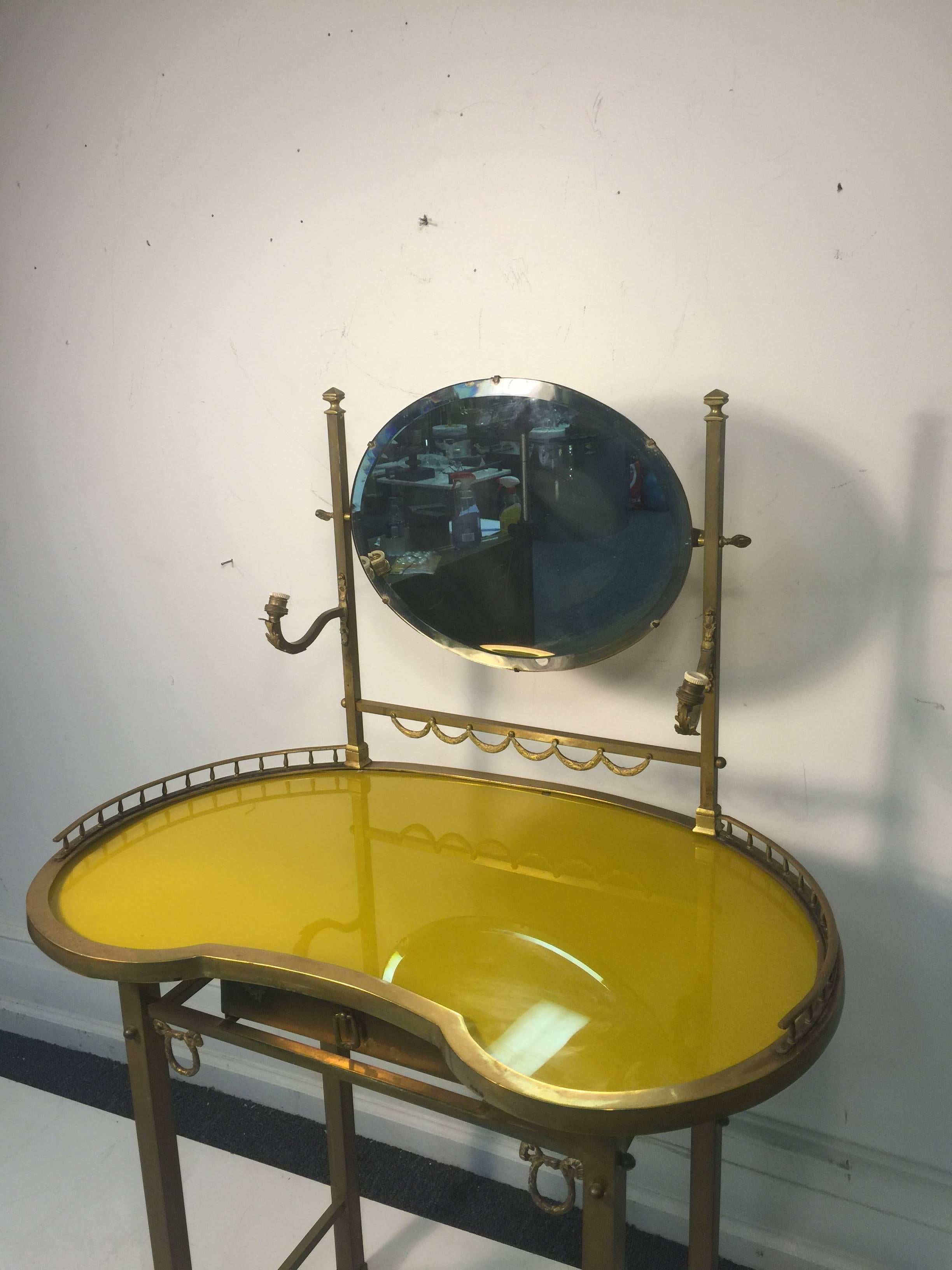 Exquisite 19th Century French Vanity with Hand-Painted Yellow Glass Top In Good Condition For Sale In Mount Penn, PA