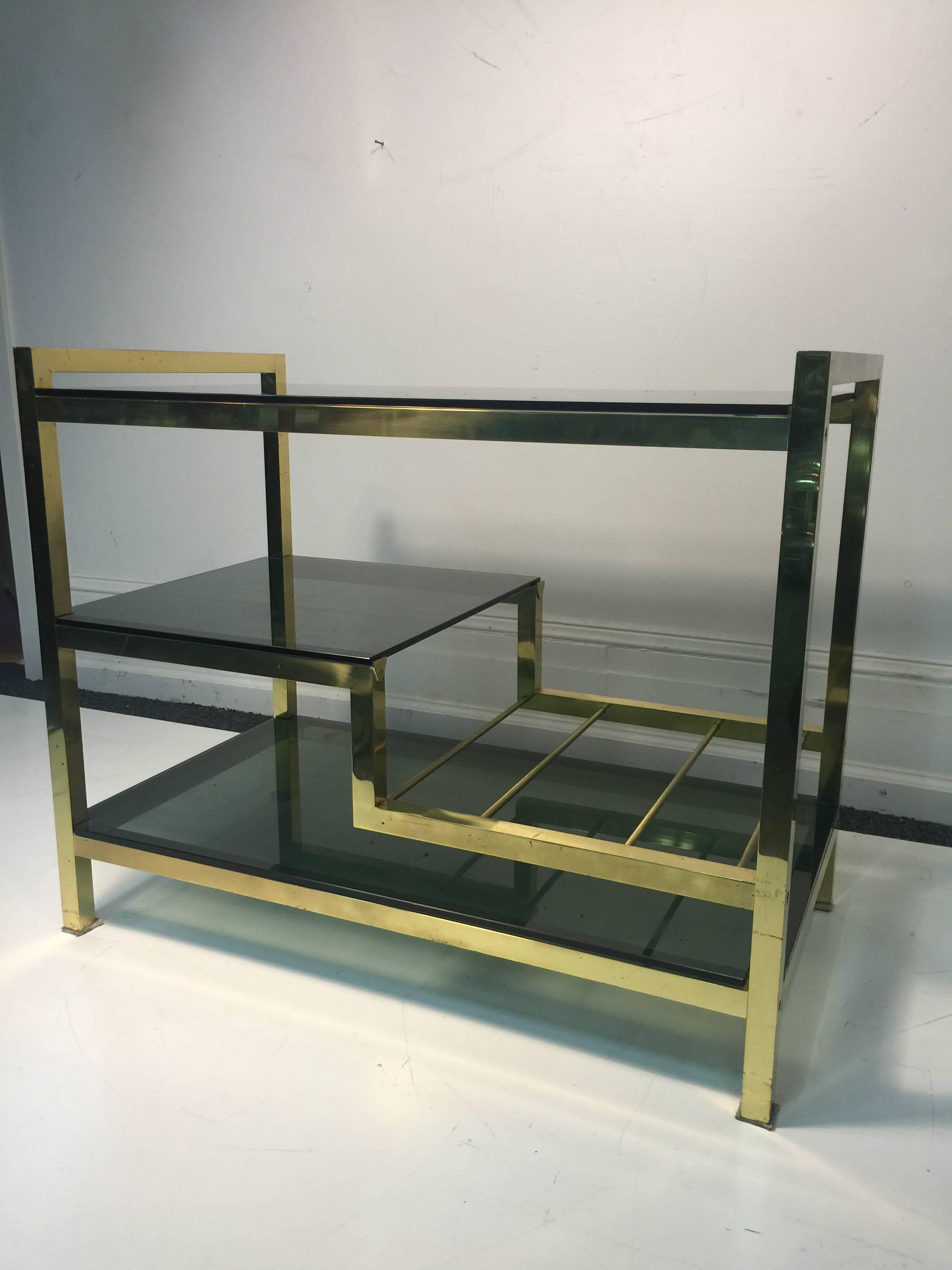 Incredible Italian Modernistic Brass Bar Cart with Smoke Glass Shelves In Good Condition For Sale In Mount Penn, PA