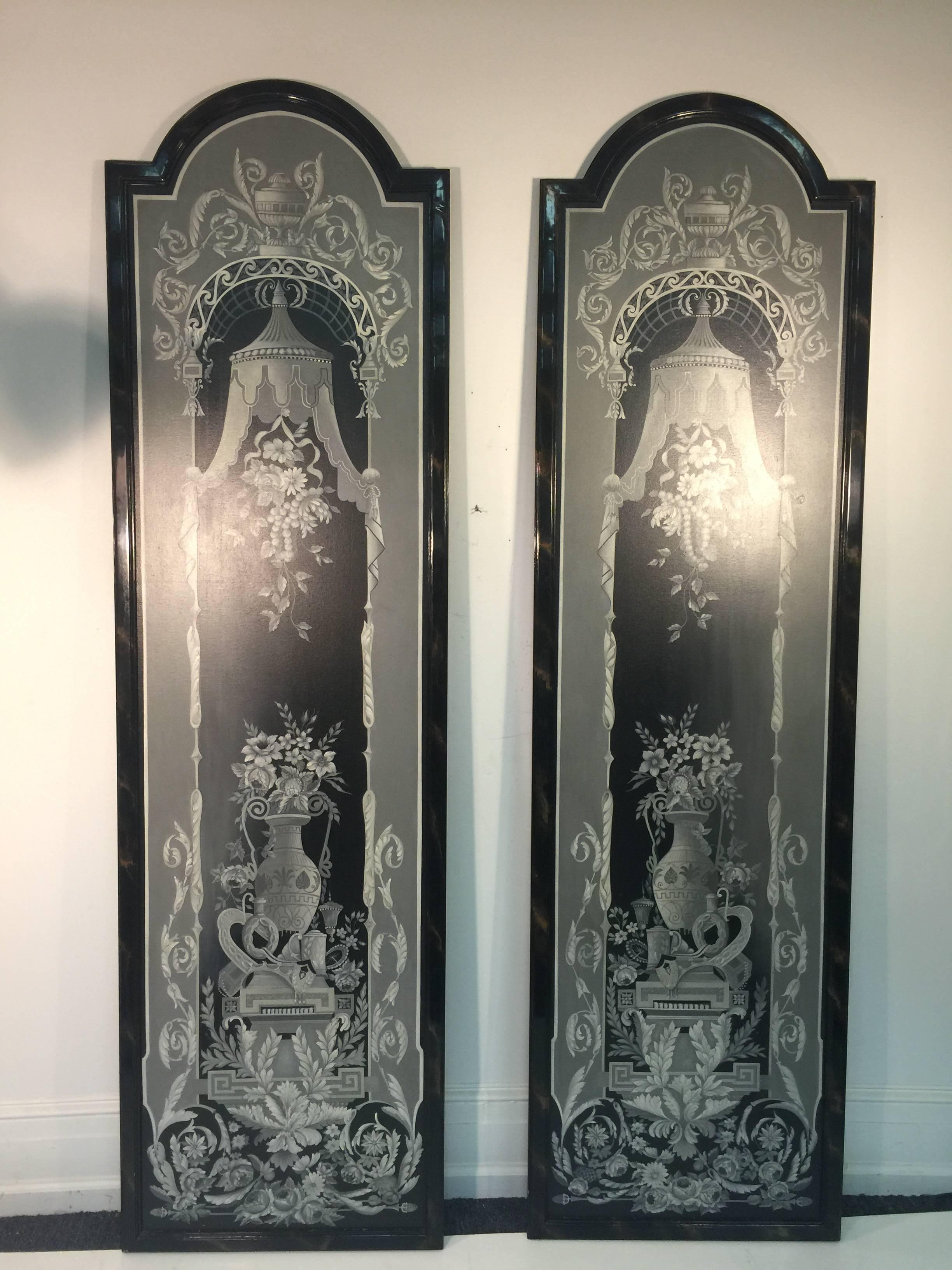 A magnificent pair of Fornasetti style hand-painted wall panels with urn and floral decoration by Maitland-Smith, circa 1970. Good condition with age appropriate wear.
