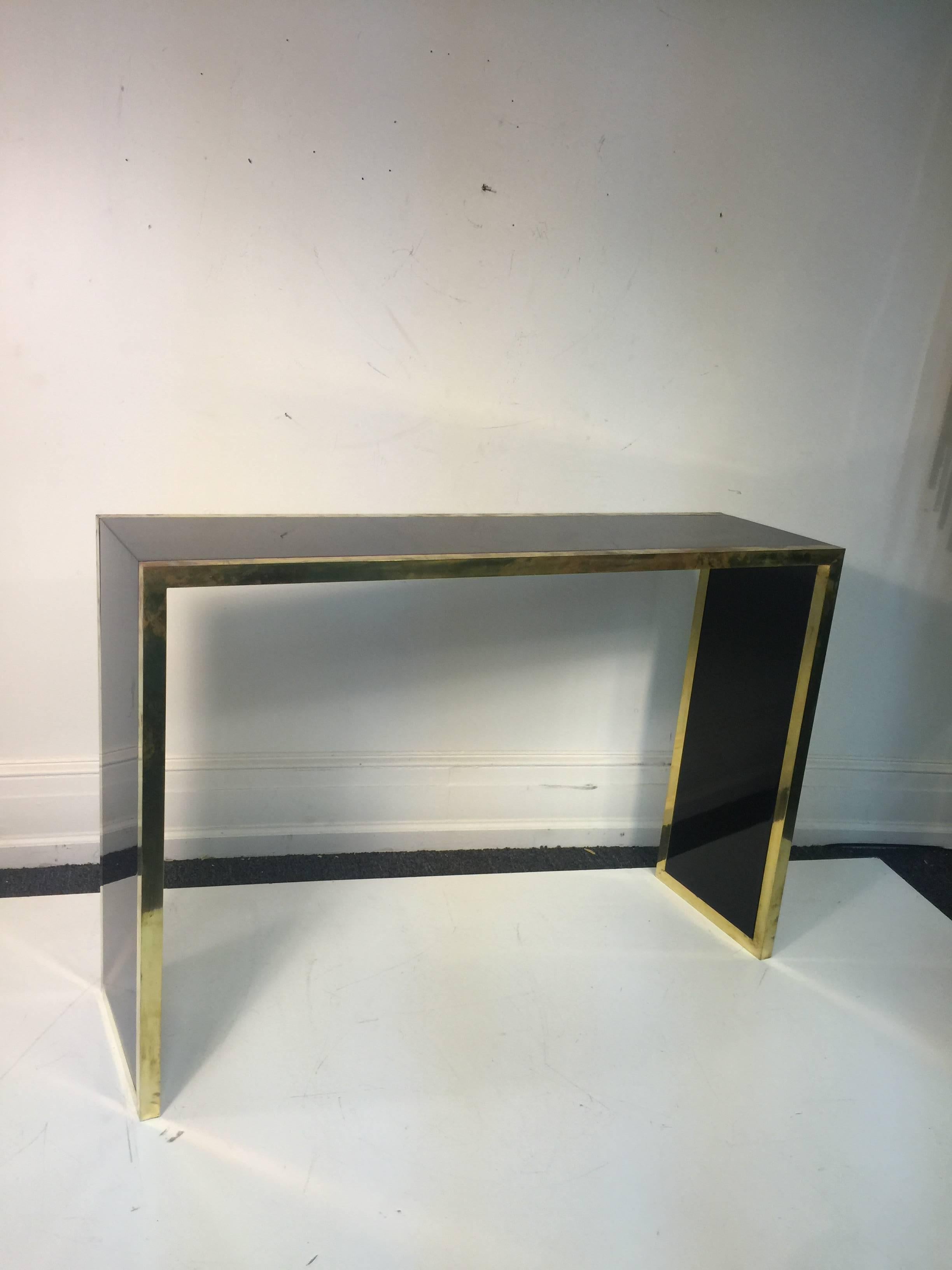 20th Century Elegant Pair of Black Lacquer & Brass Console Tables in the Style of Alain Delon For Sale
