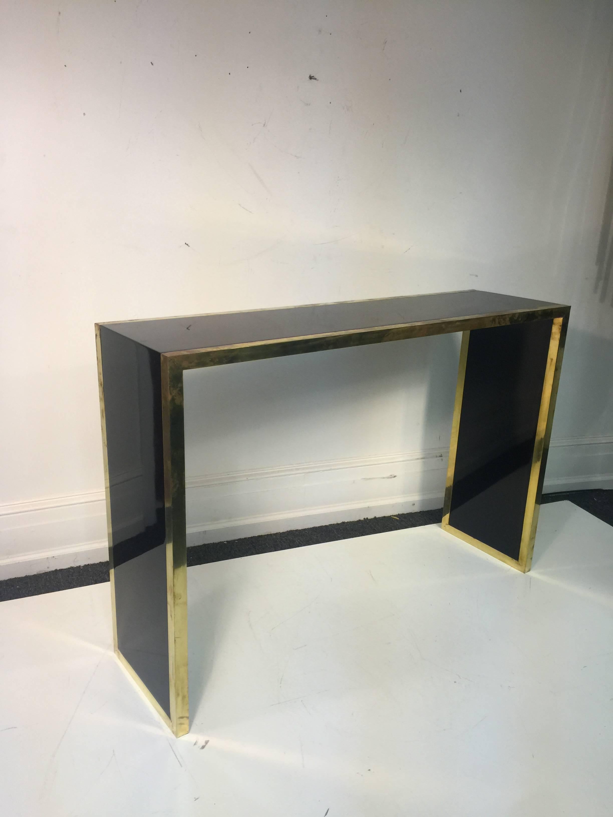 Elegant Pair of Black Lacquer & Brass Console Tables in the Style of Alain Delon In Good Condition For Sale In Mount Penn, PA