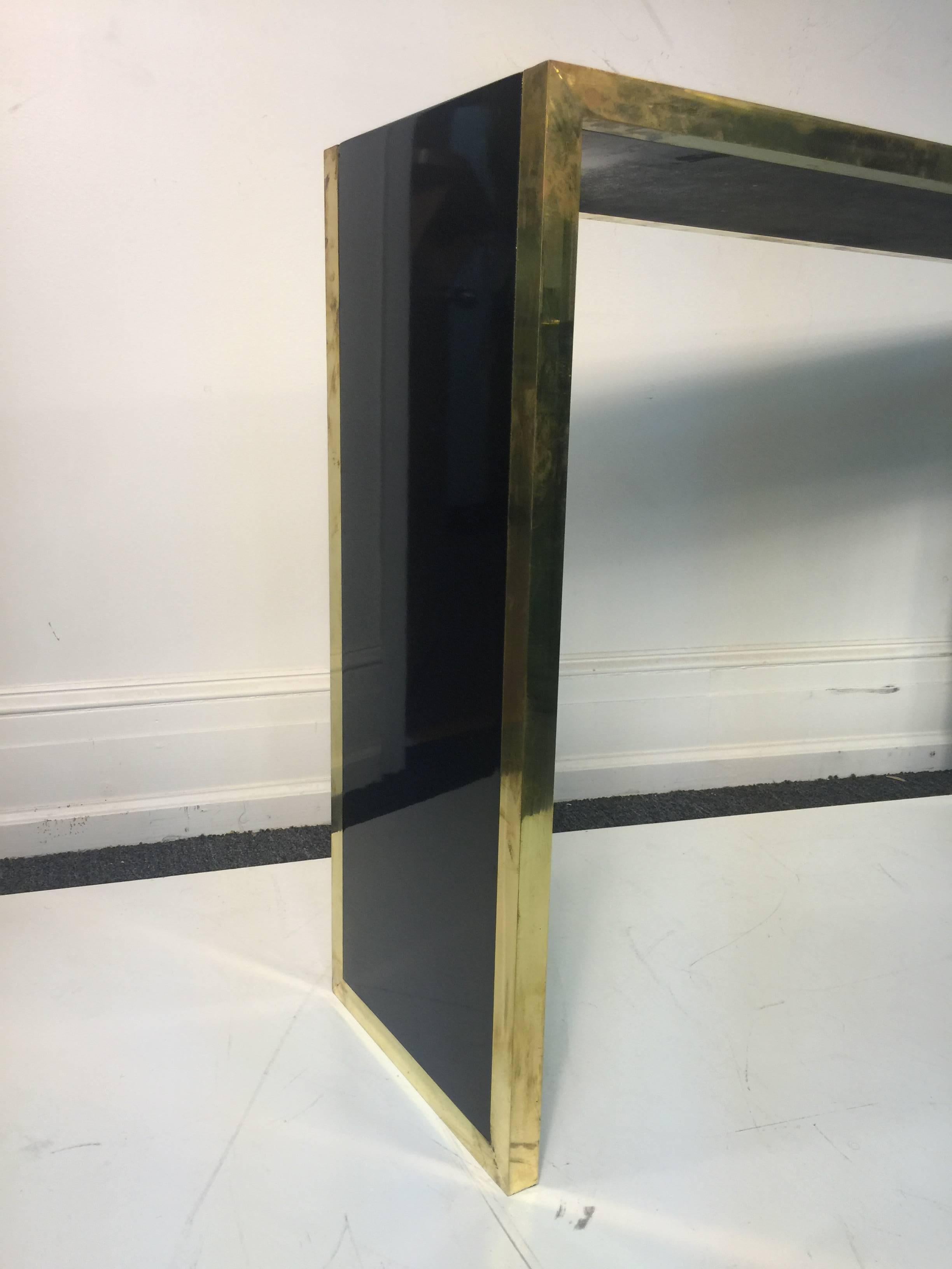 Elegant Pair of Black Lacquer & Brass Console Tables in the Style of Alain Delon For Sale 1