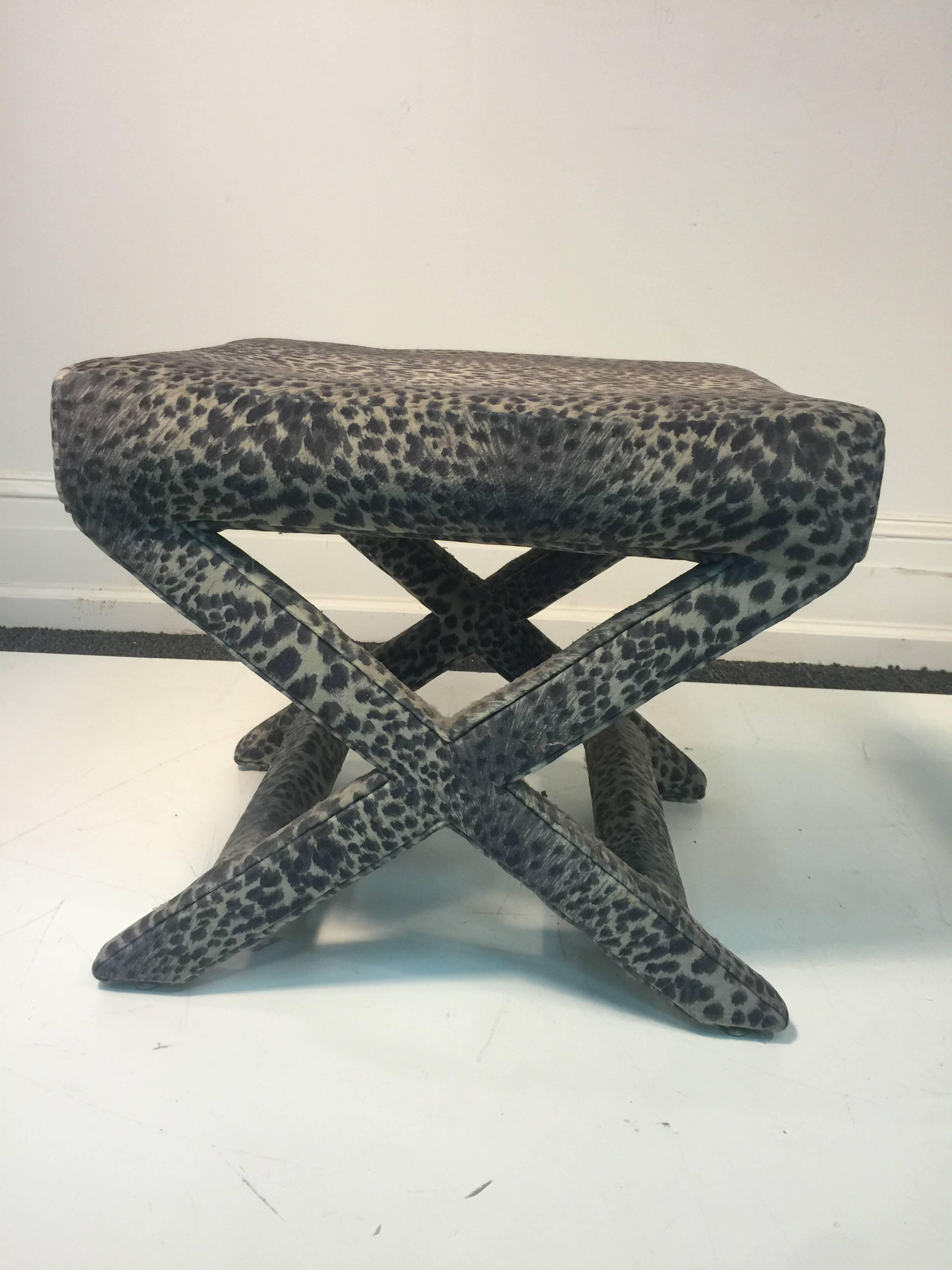 Modern Lovely Pair of Leopard Print X-Base Stools or Benches For Sale