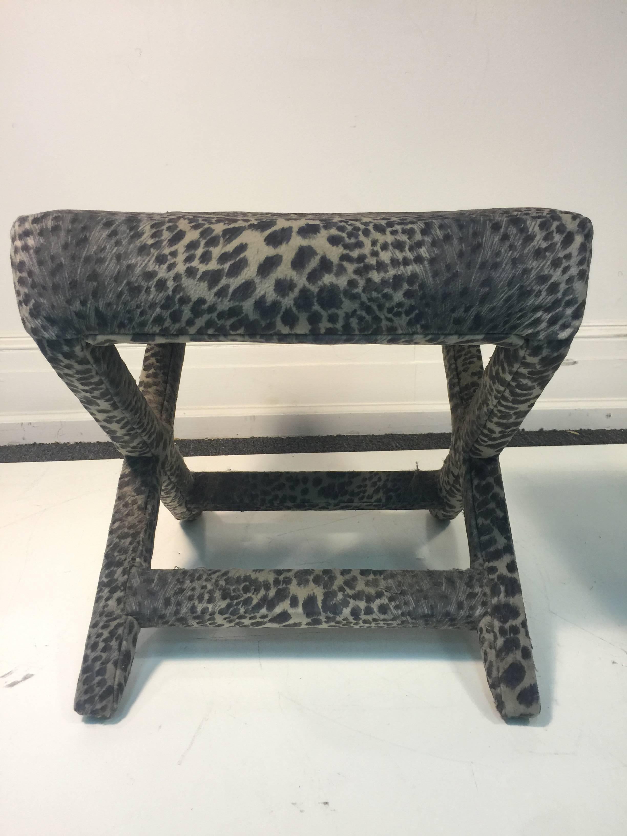 American Lovely Pair of Leopard Print X-Base Stools or Benches For Sale