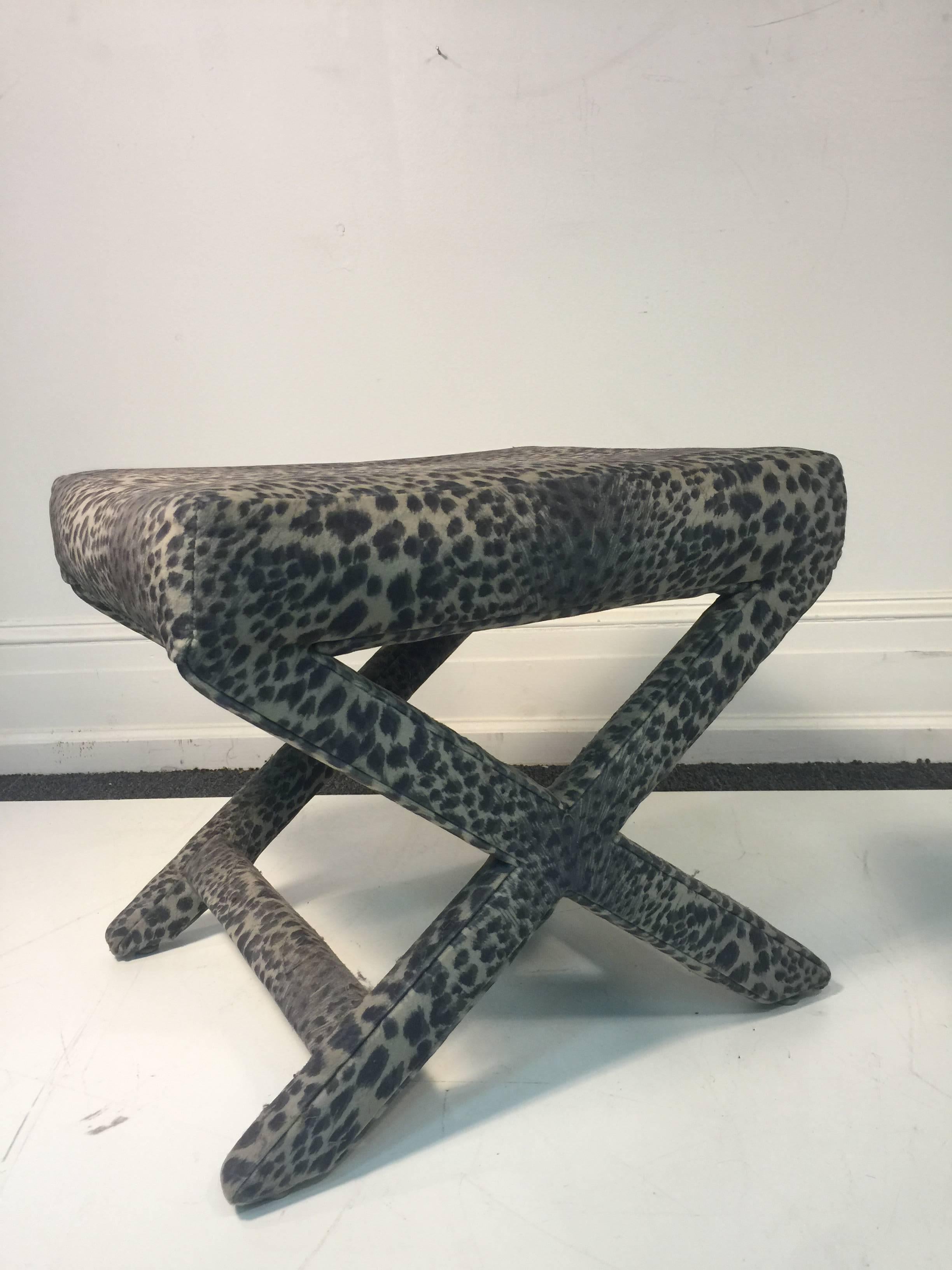Lovely Pair of Leopard Print X-Base Stools or Benches In Good Condition For Sale In Mount Penn, PA