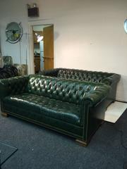 Rare Pair of Vintage Chesterfield Sofas in Hunter Green with Nailhead Detail