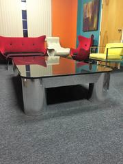 Spectacular Monumental Karl Springer Style Black Granite and Chrome Coffee Table