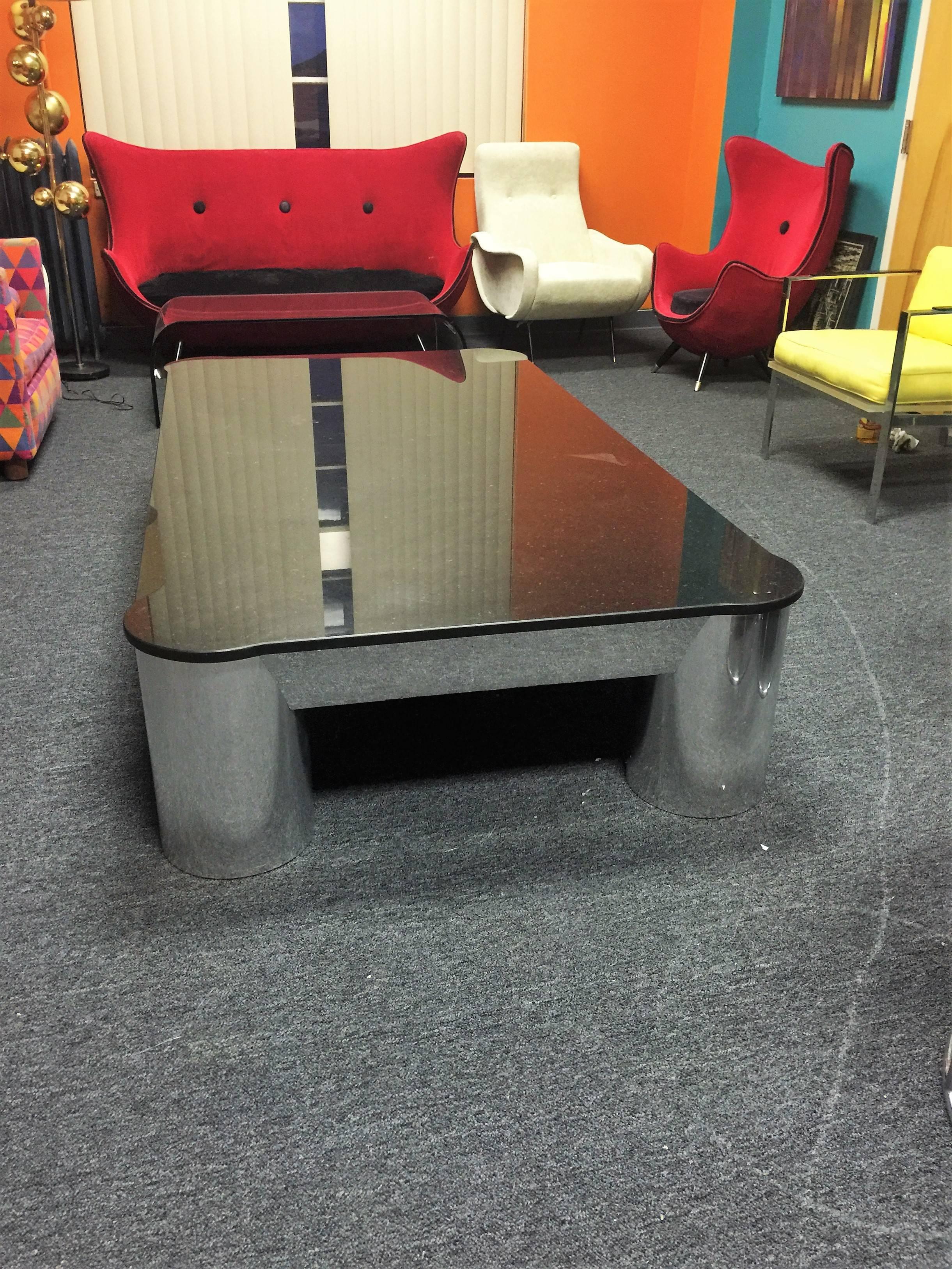 Late 20th Century Spectacular Monumental Karl Springer Style Black Granite and Chrome Coffee Table For Sale