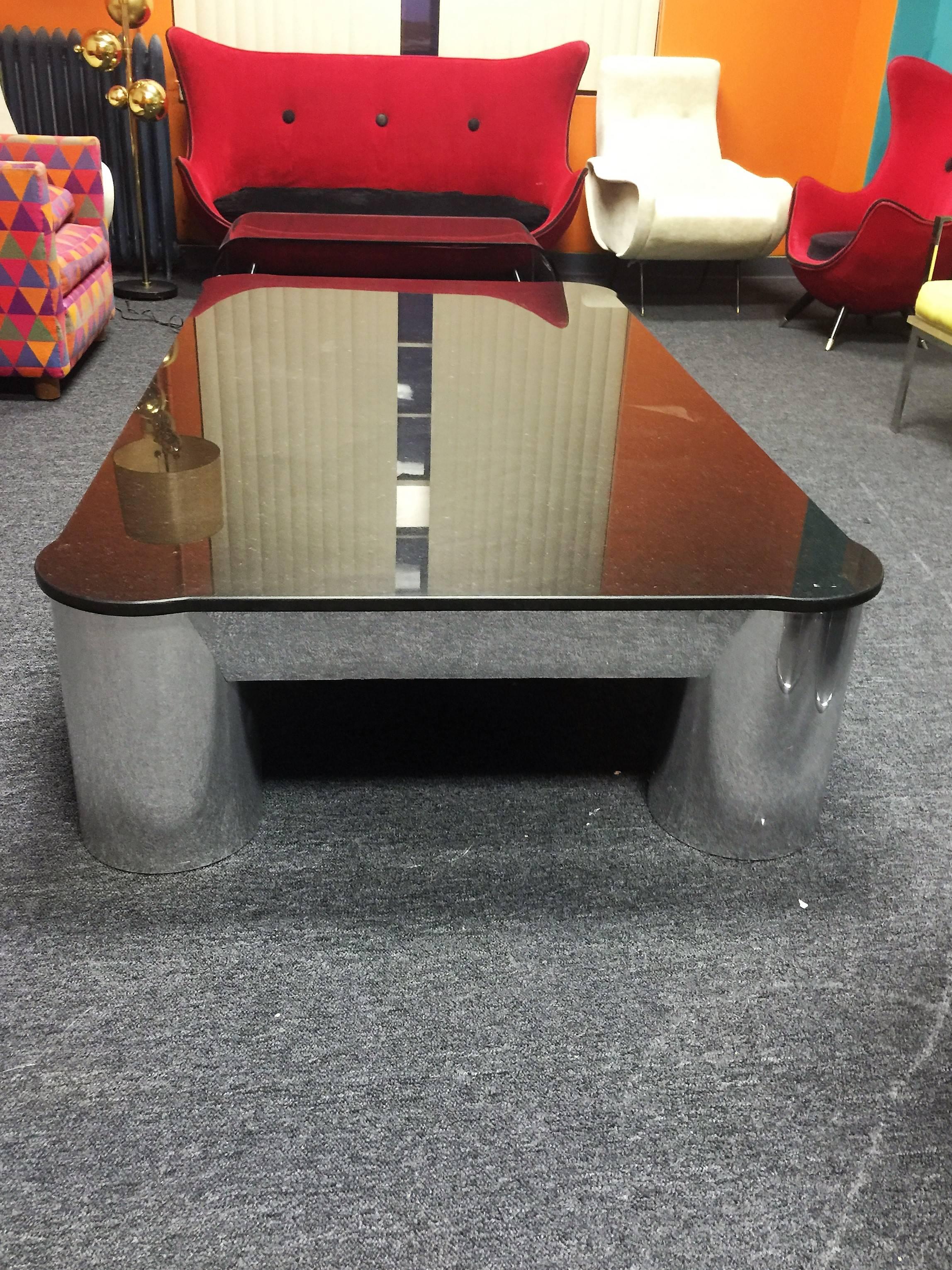 Spectacular Monumental Karl Springer Style Black Granite and Chrome Coffee Table For Sale 3
