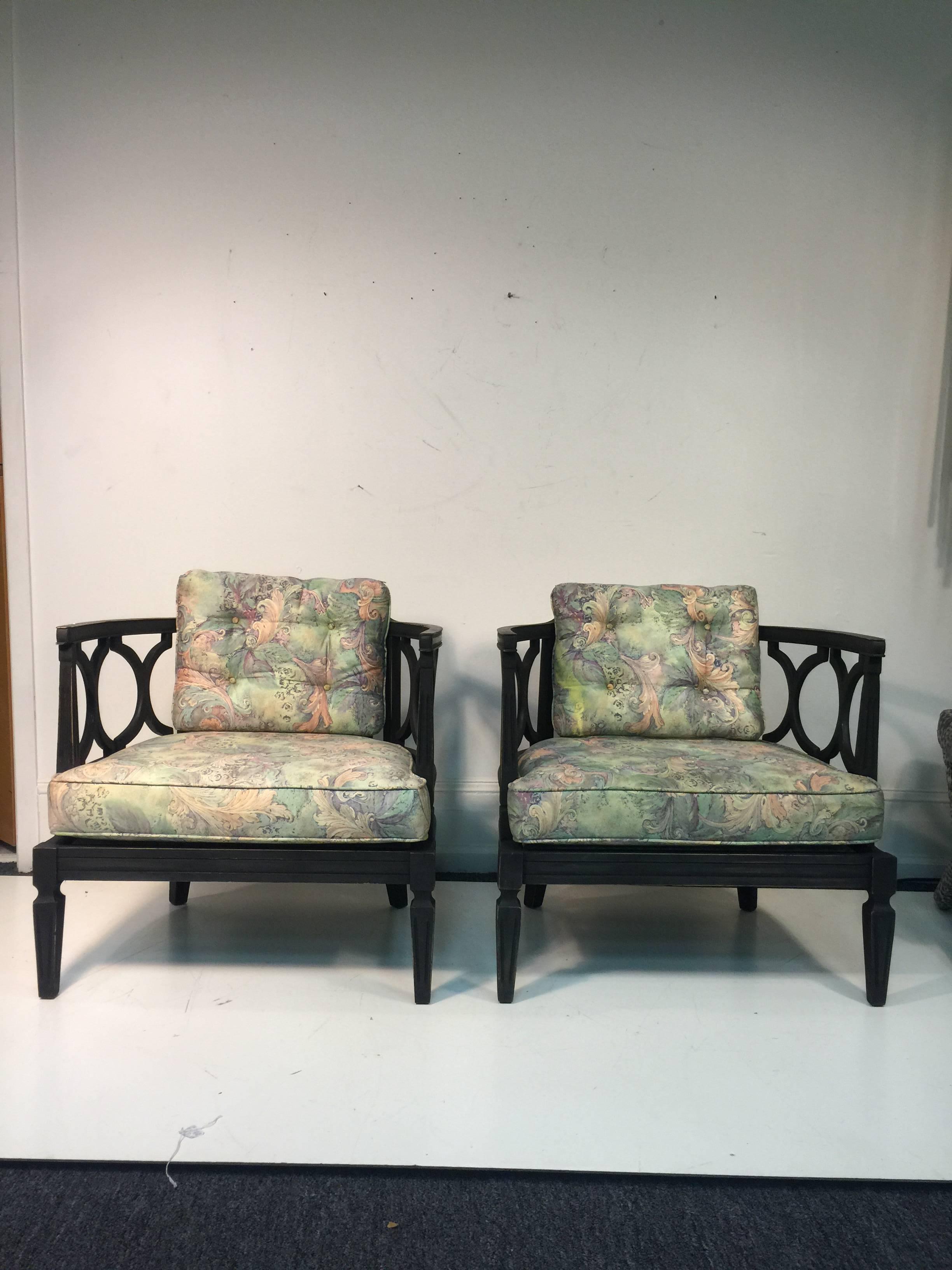 A pair of James Mont style Asian inspired Hollywood Regency chairs. Good condition with age appropriate wear.