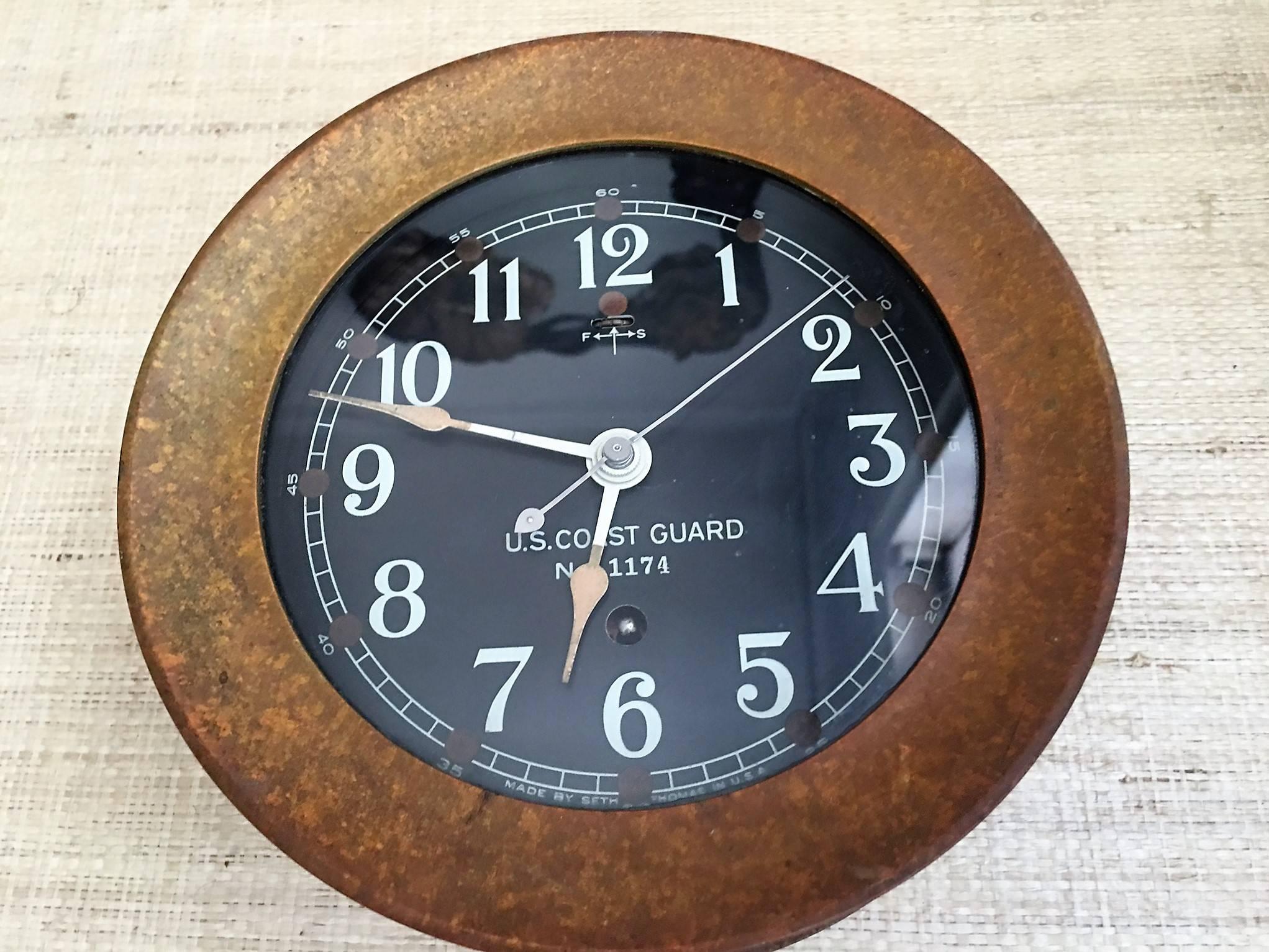 Substantial bronze black faced Chelsea ship clock in good working condition.
Would be an interesting addition to add some Naval and Historical mix to an Eclectic Den Wall.