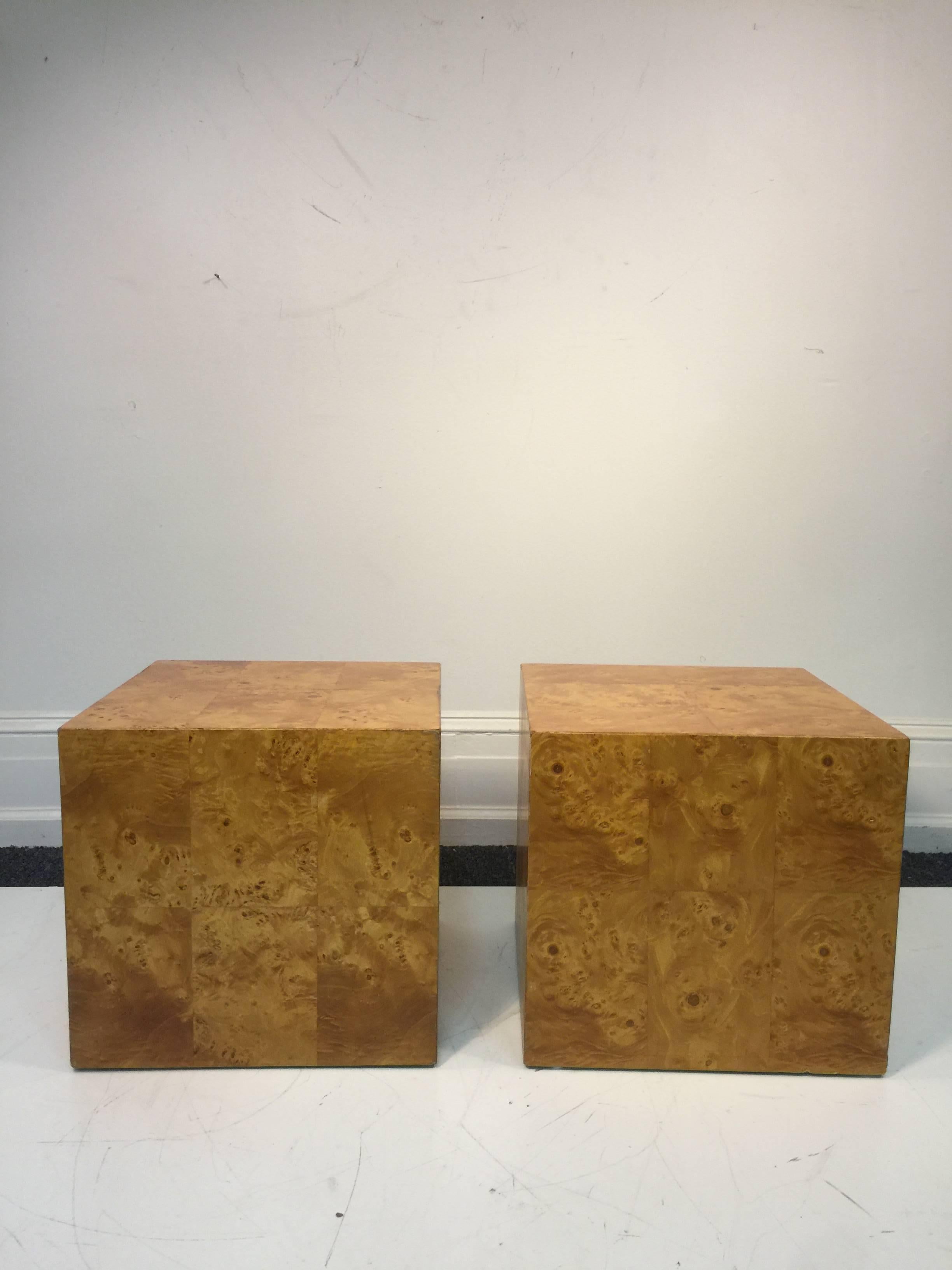 A pair of marvelous Milo Baughman burl wood, cube-shaped side or end tables, circa 1970. Good condition with age appropriate wear.