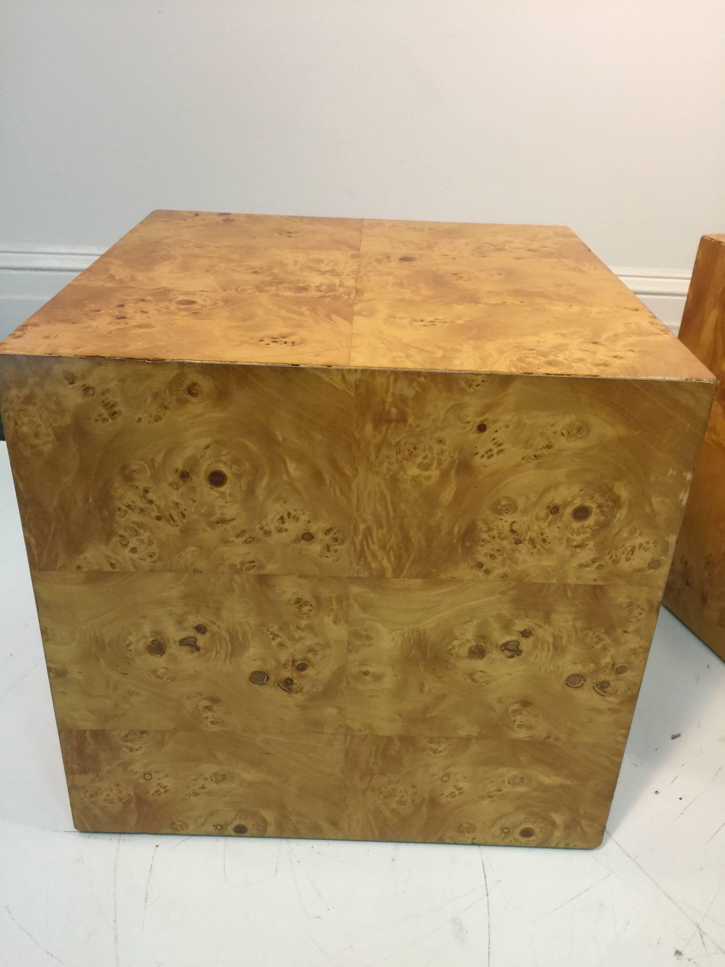 American Pair of Marvelous Milo Baughman Burl Wood Cube-Shaped Side Tables