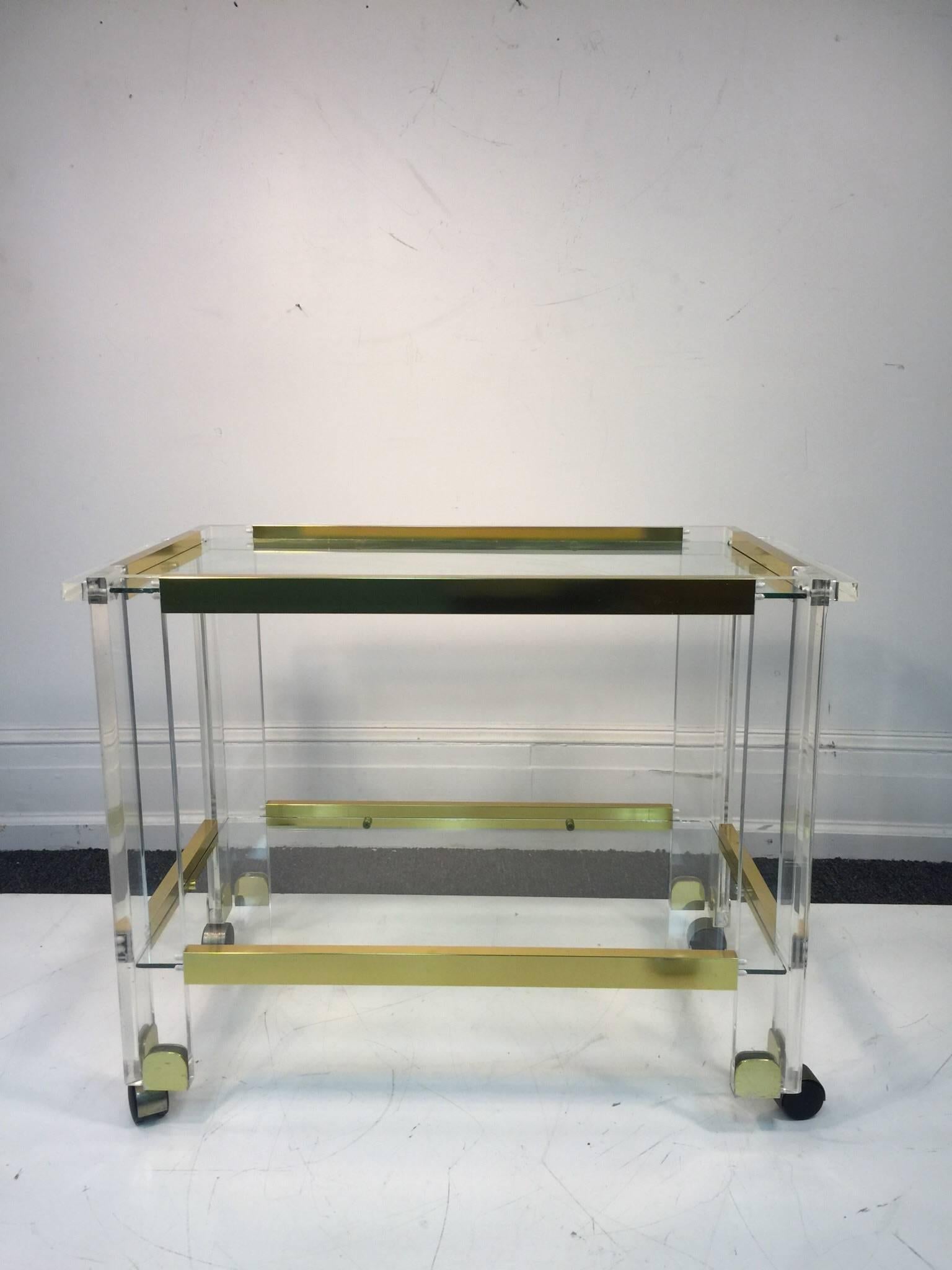 Stunning Brass and Lucite Bar Cart by Charles Hollis Jones In Good Condition For Sale In Mount Penn, PA