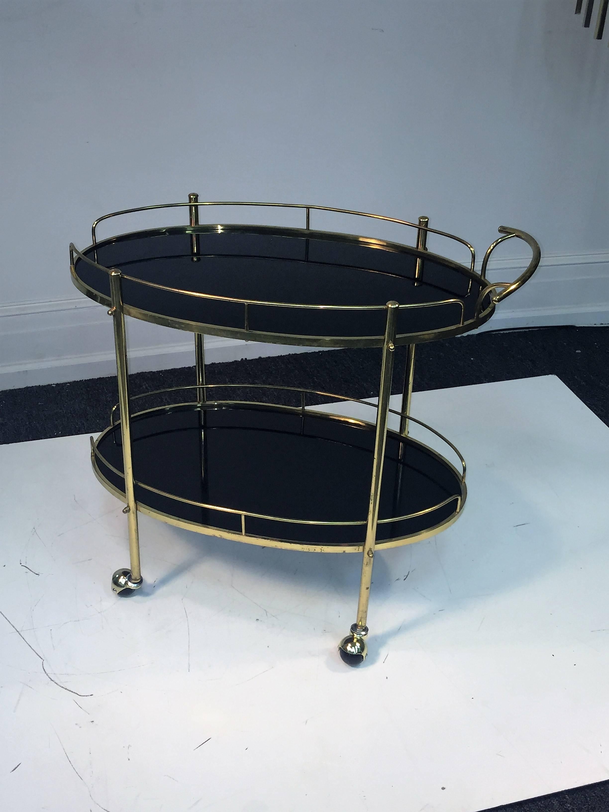 Elegant Modern Double Tier Black Glass and Brass Bar Cart In Excellent Condition In Mount Penn, PA