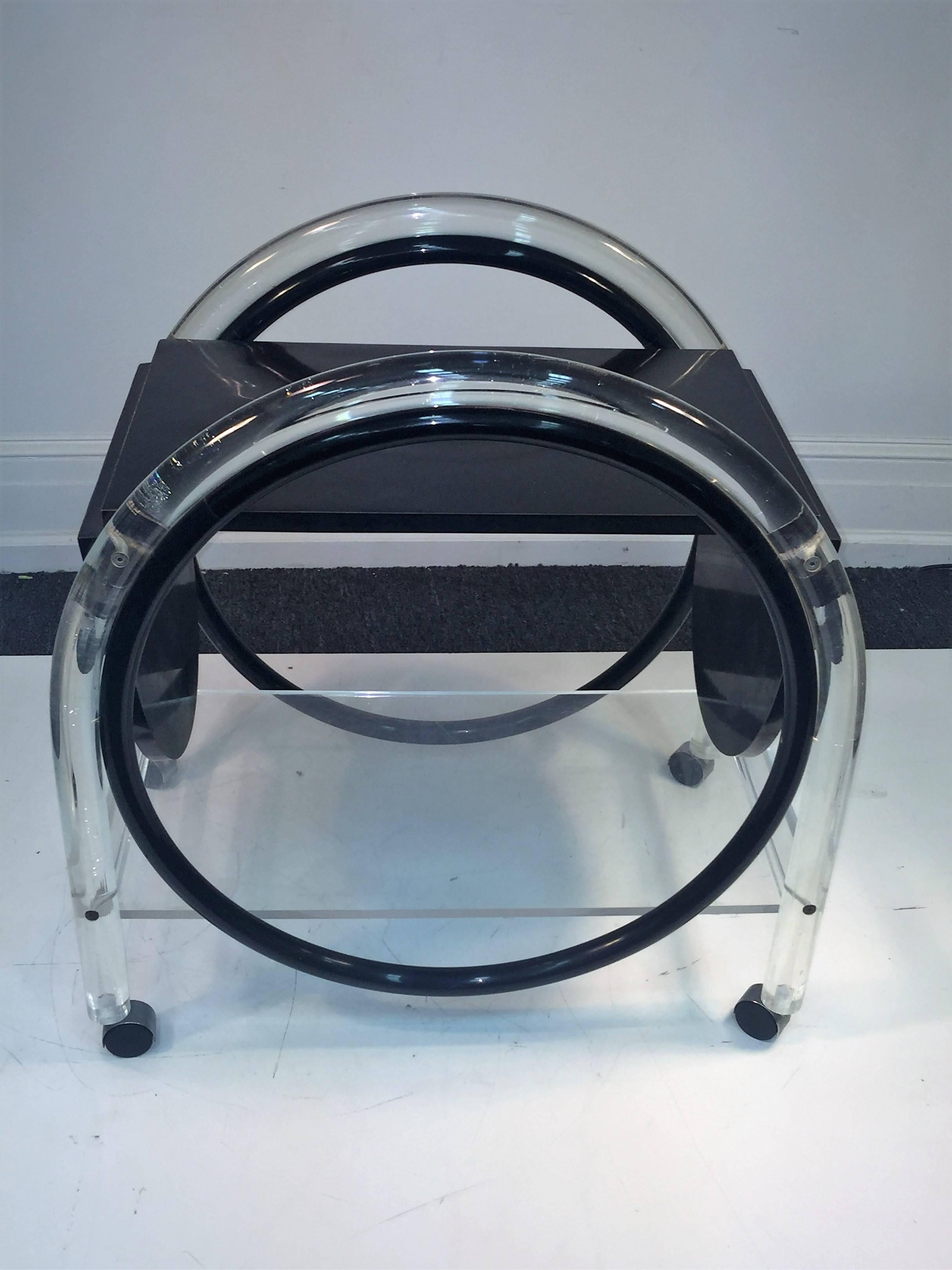 American Dynamic Charles Hollis Jones Black and Clear Lucite Round Bar Cart For Sale