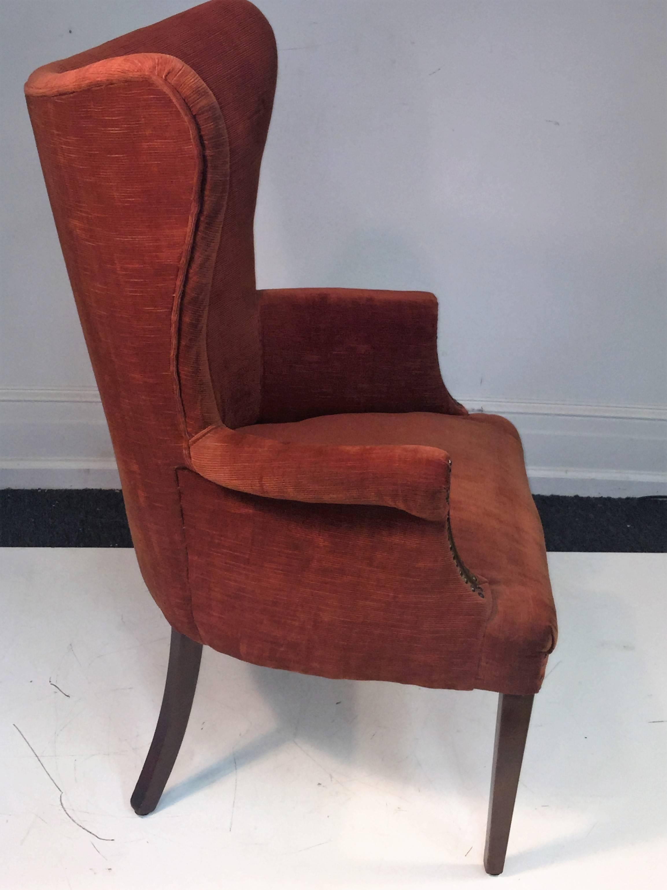 Fantastic design armchairs that have elements of the Hans Wegner papa chair styling. These large stylish armchairs would be incredible in a great fabric. I recommend reupholstery and refinishing as these chairs are a jewel just needing the