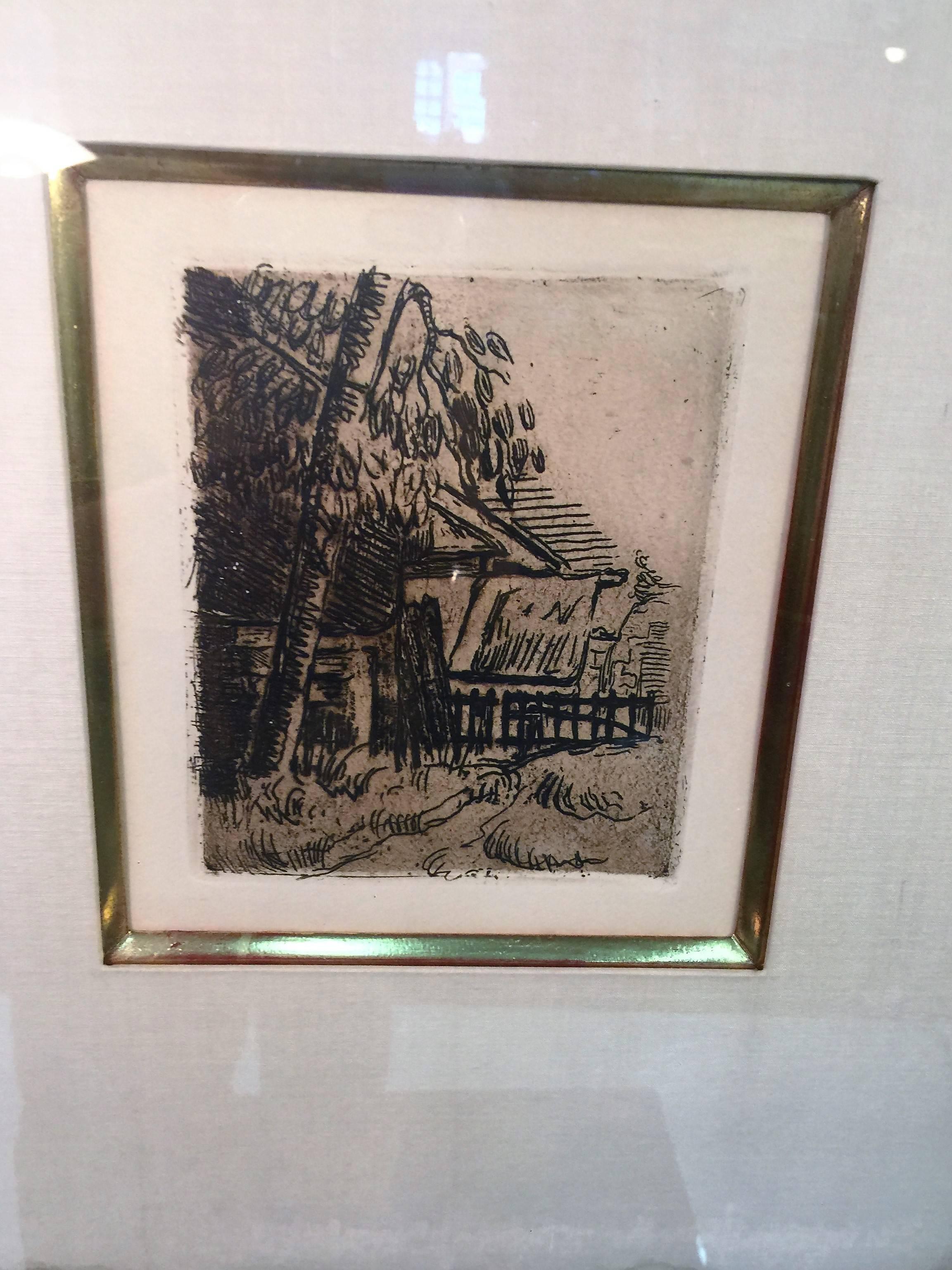 Original nice landscape etching in quality carved wood frame set within a gold leaf inner frame surrounded by a linen mat. Done by French artist Paul Cezanne (1839-1906). Out of a series of etchings, circa 1914 for ‘homage to Cezanne', the original