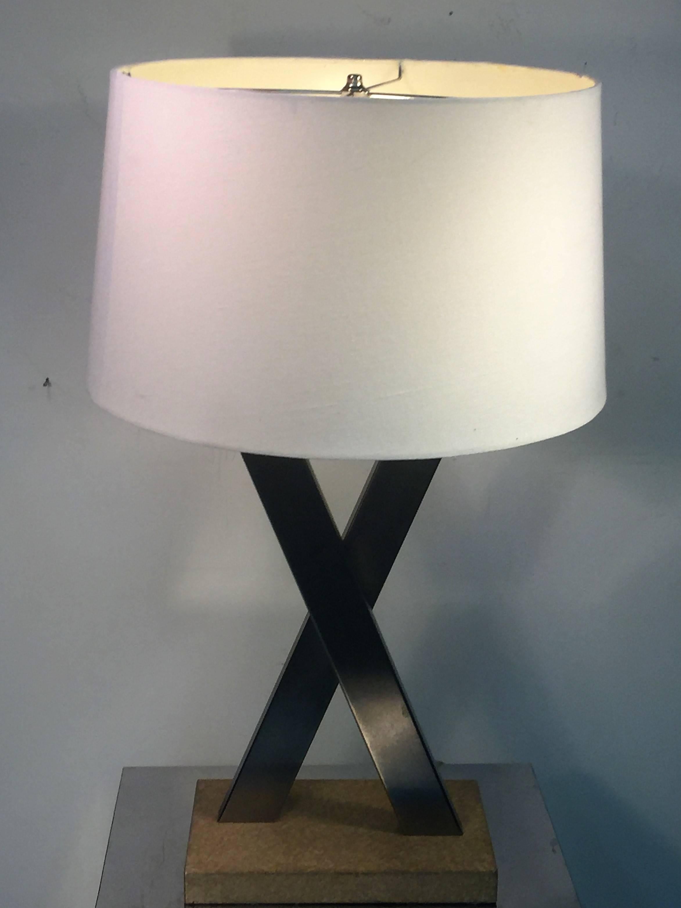 Great Pair of Modern Brushed Nickel X Lamps in Style of Jean Michel Frank For Sale 3