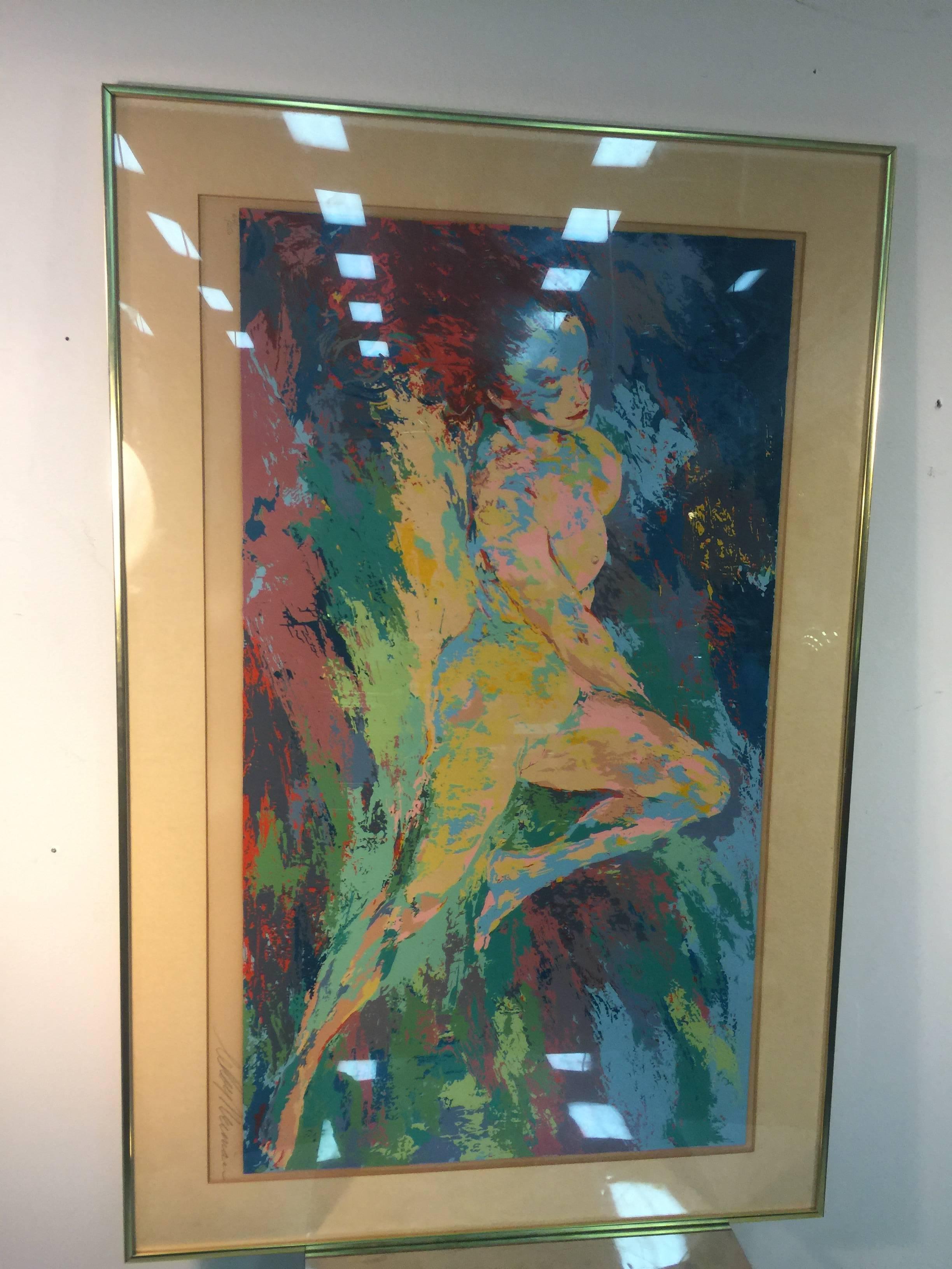 A brilliant and colorful serigraph of a nude woman by artist Leroy Neiman, circa 1960. Neiman is known for his energetic images of athletes and sporting events. This rare work is signed and is marked 64/250.
 