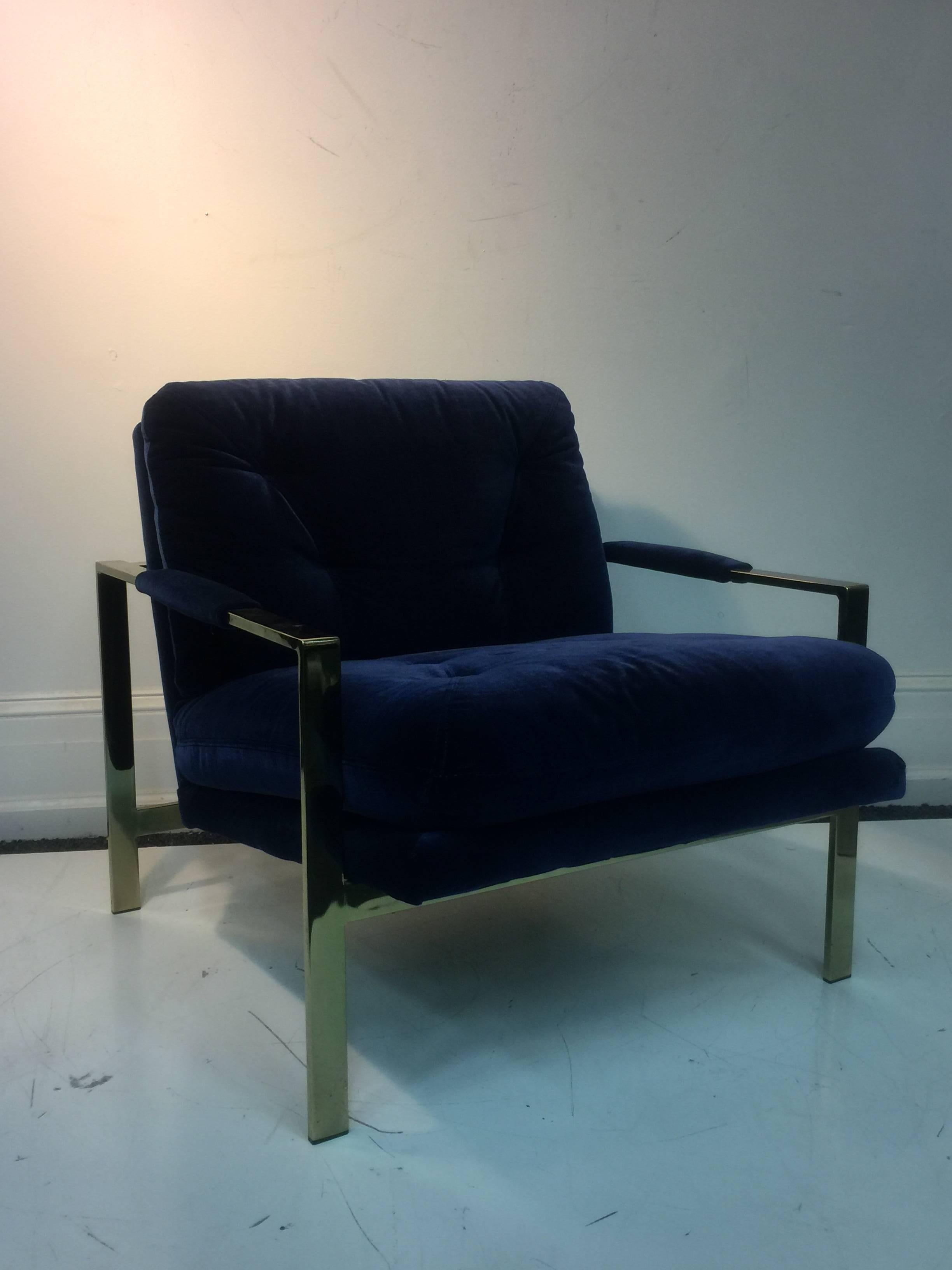 A luxurious Milo Baughman lounge chair in chrome, and upholstered in lush blue velvet, circa 1970.
  