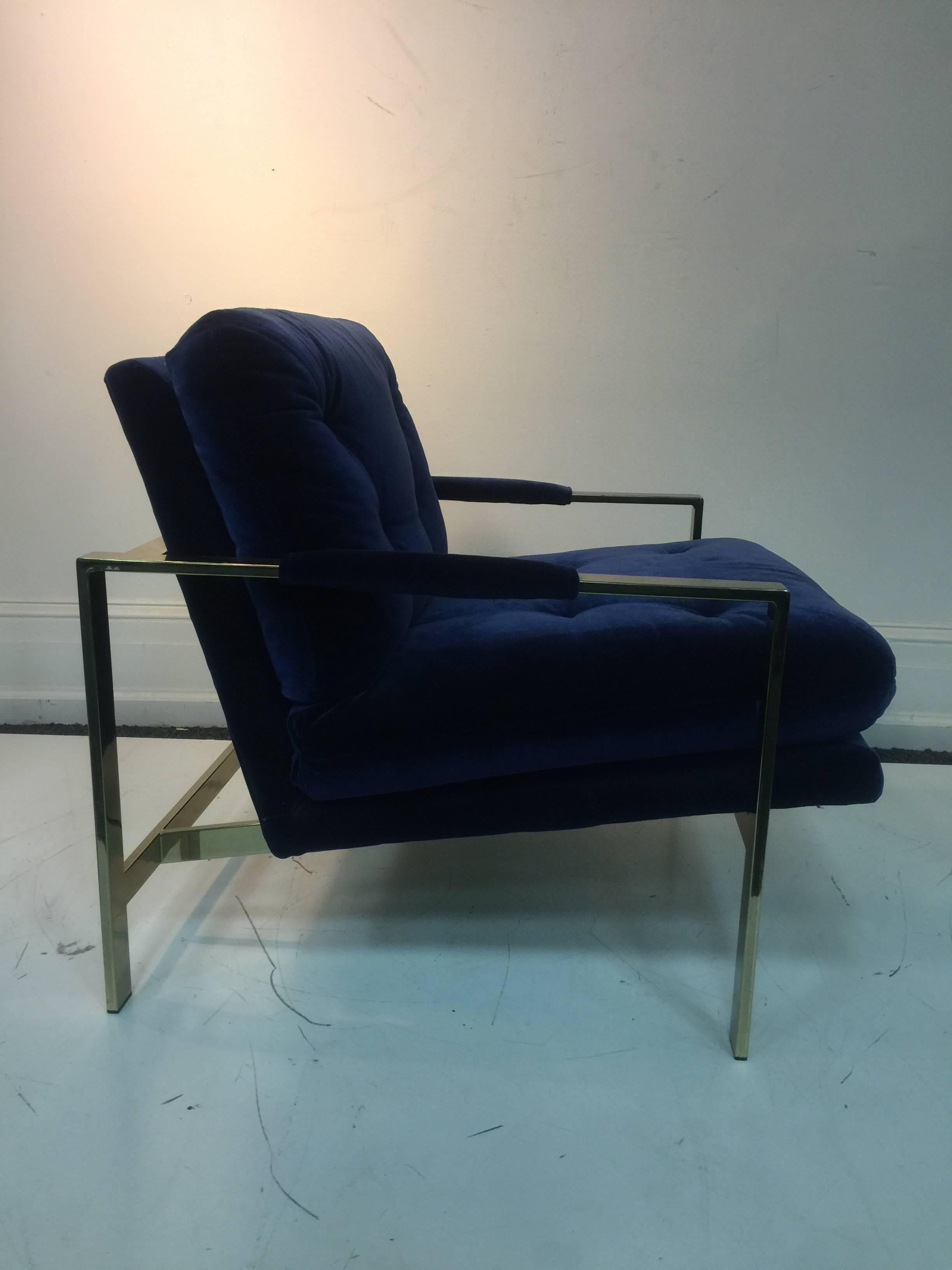 Modern Luxurious Milo Baughman Lounge Chair Upholstered in Lush Blue Velvet For Sale