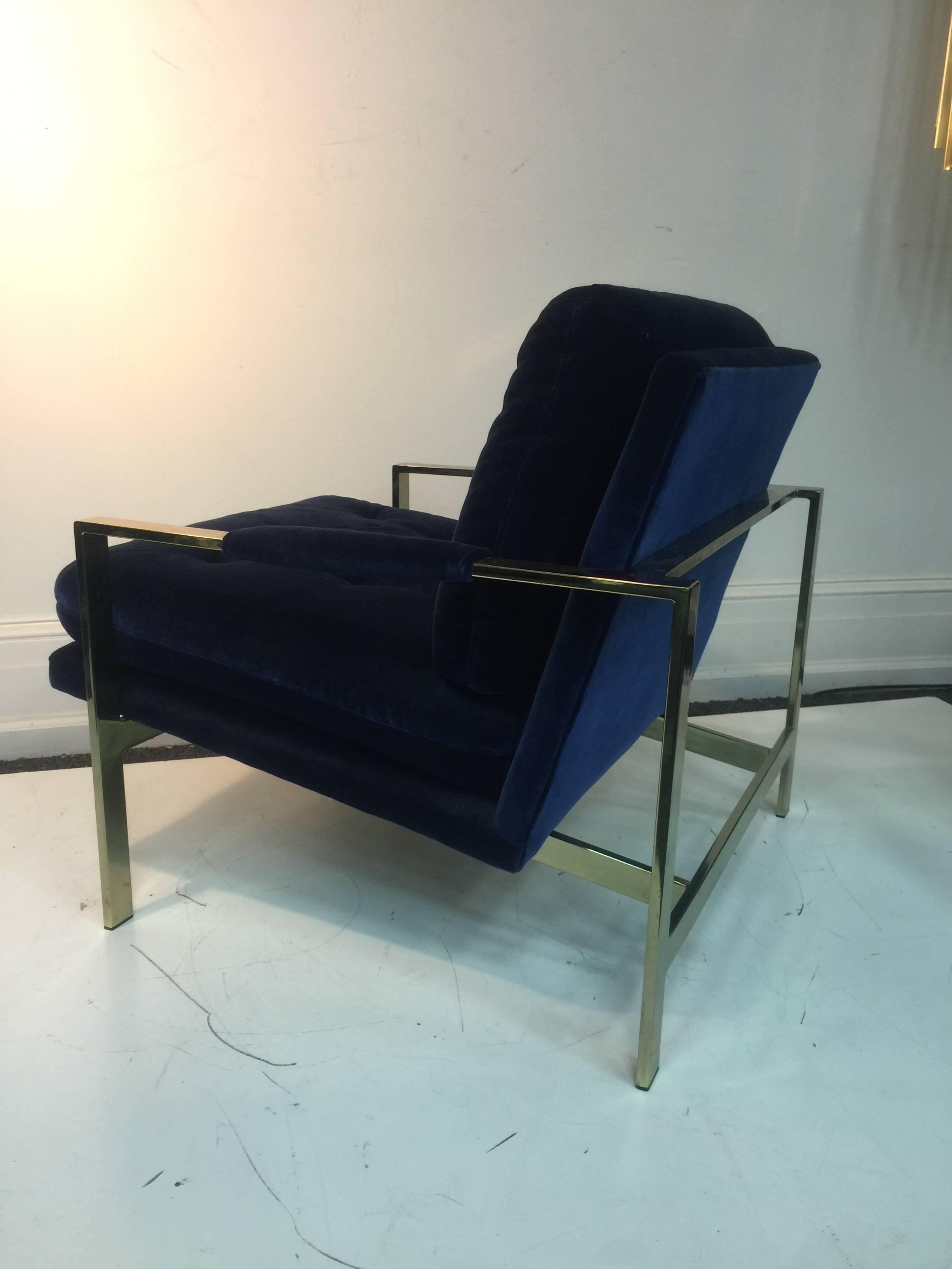 American Luxurious Milo Baughman Lounge Chair Upholstered in Lush Blue Velvet For Sale