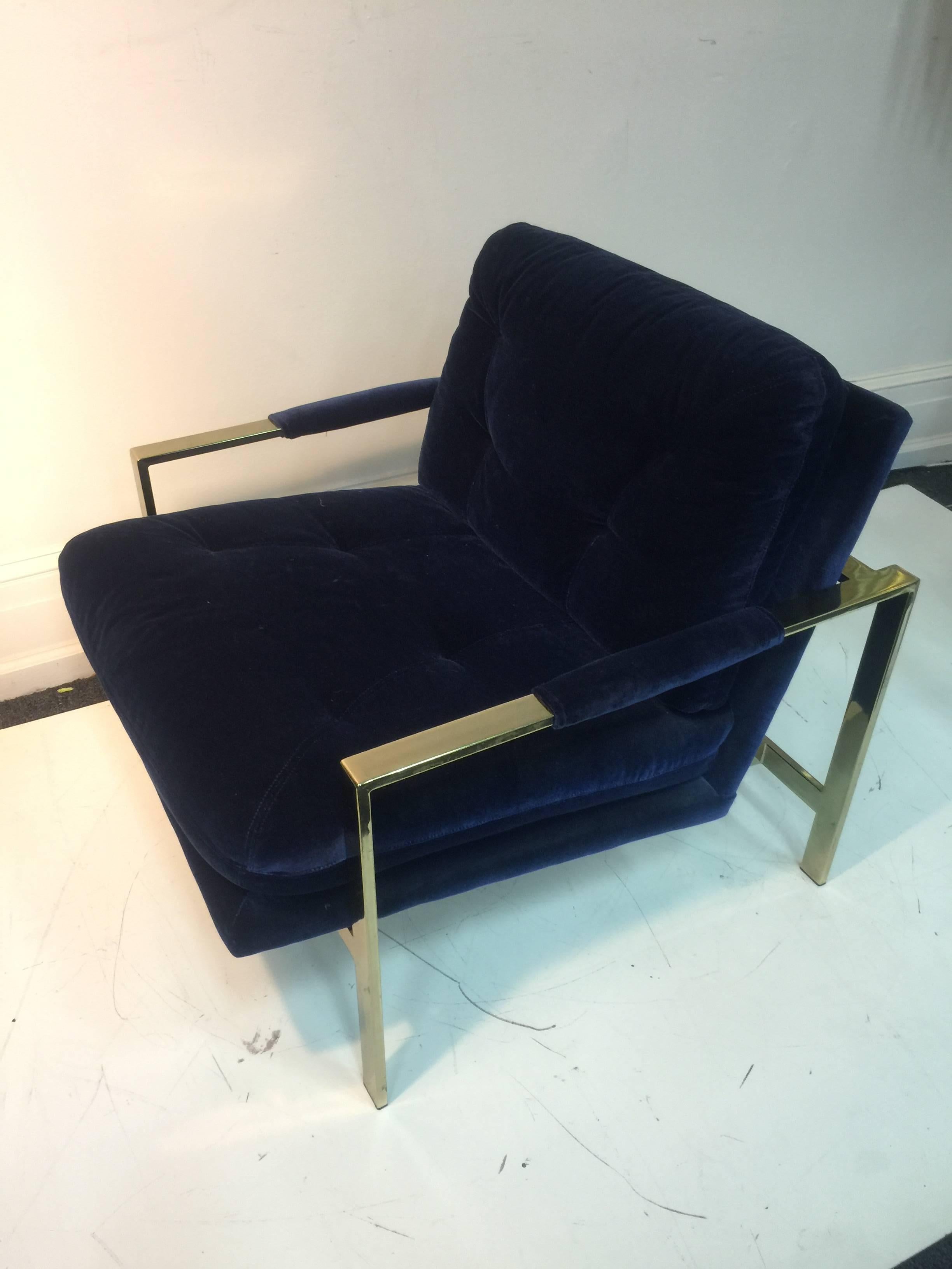 Luxurious Milo Baughman Lounge Chair Upholstered in Lush Blue Velvet In Good Condition For Sale In Mount Penn, PA