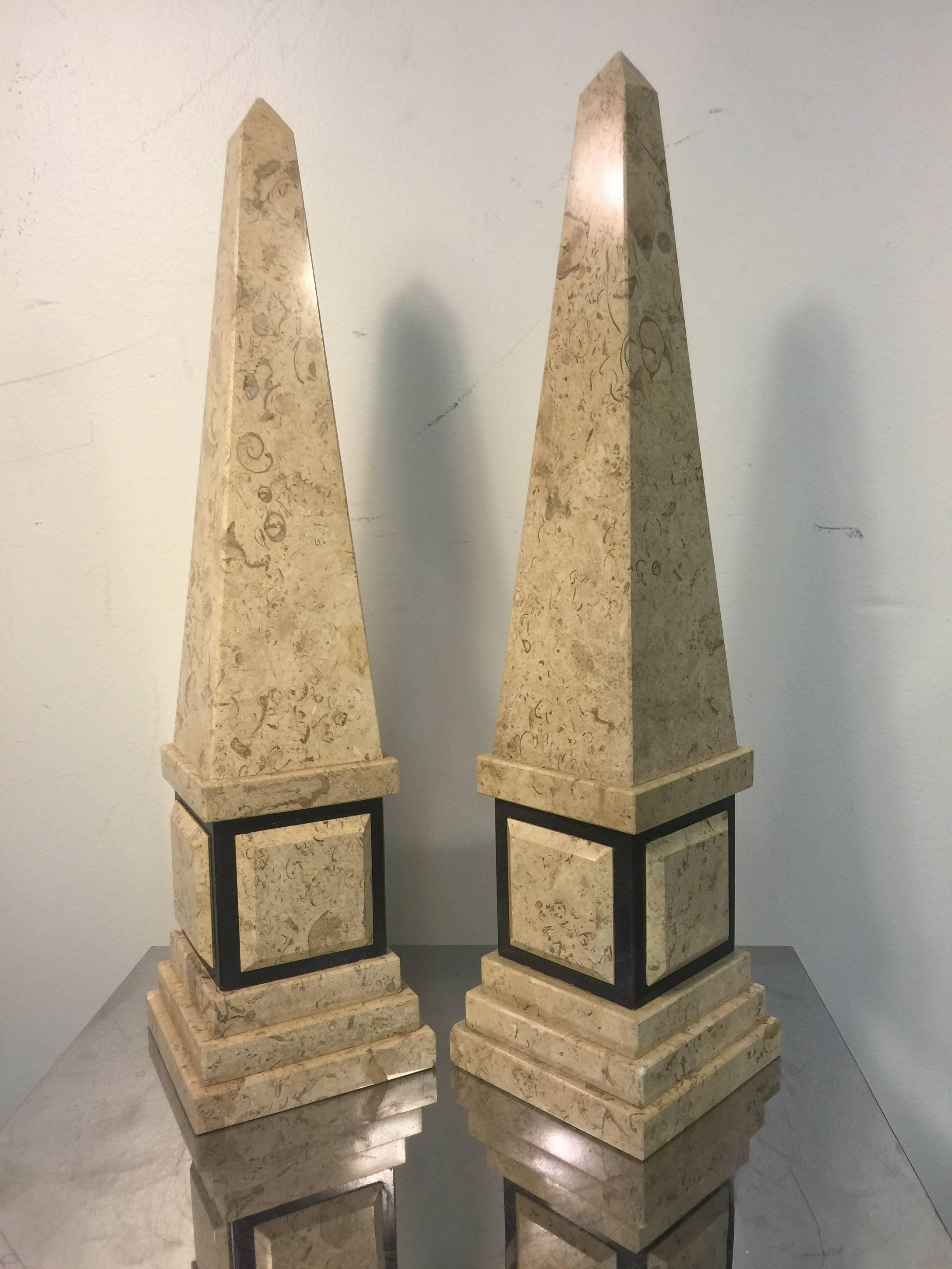 A marvelous pair of tessellated marble columns or obelisks by Maitland-Smith, circa 1970. Good vintage condition.
 