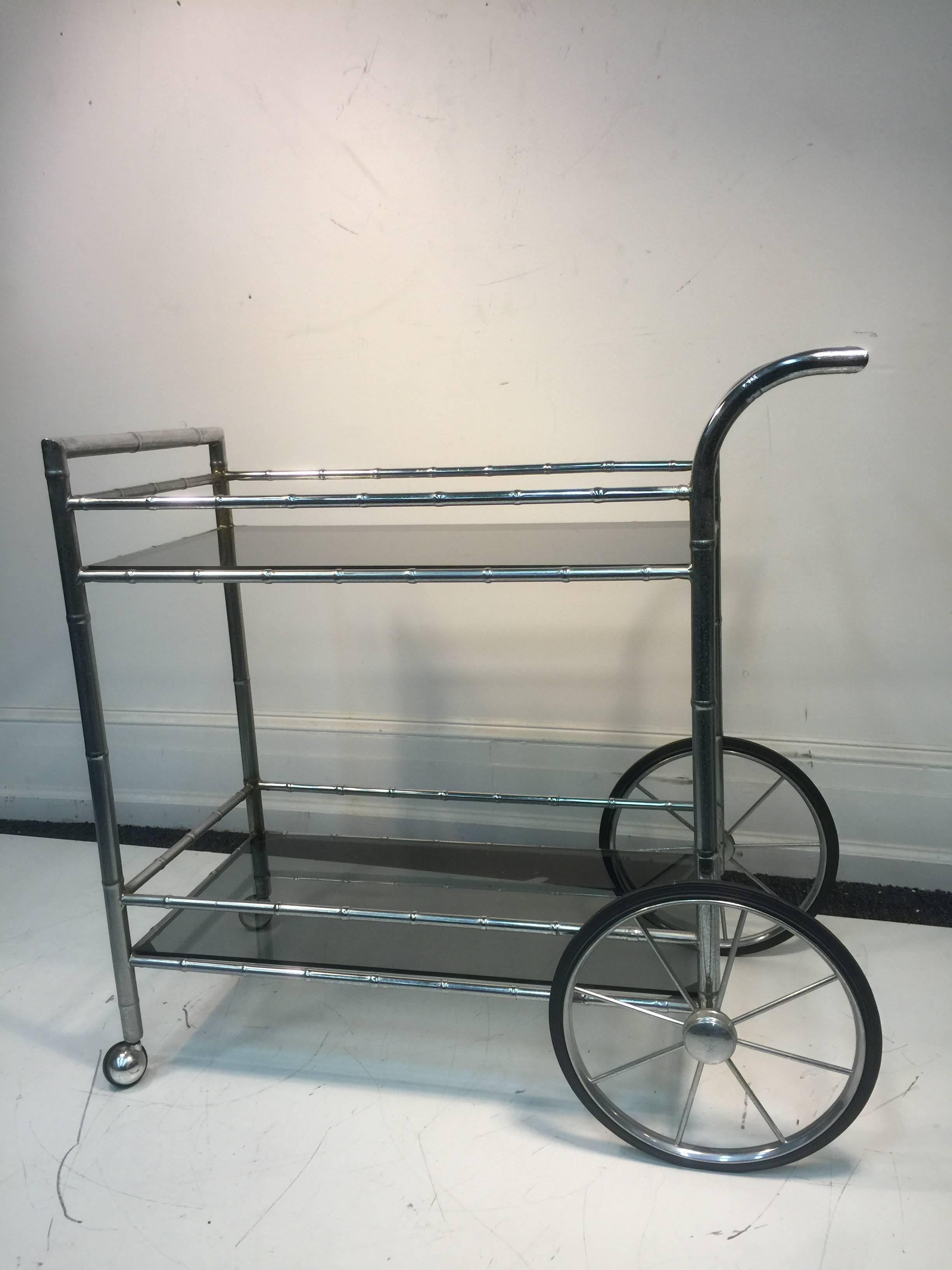 Modern Striking Two-Tier Faux Bamboo Chrome Tea Cart For Sale