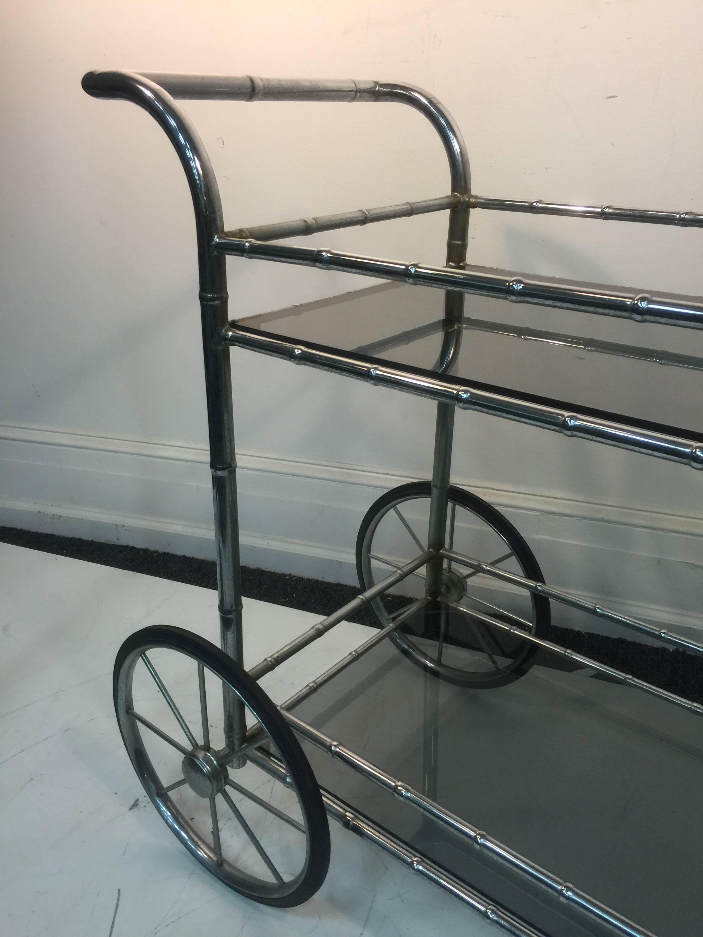 20th Century Striking Two-Tier Faux Bamboo Chrome Tea Cart For Sale