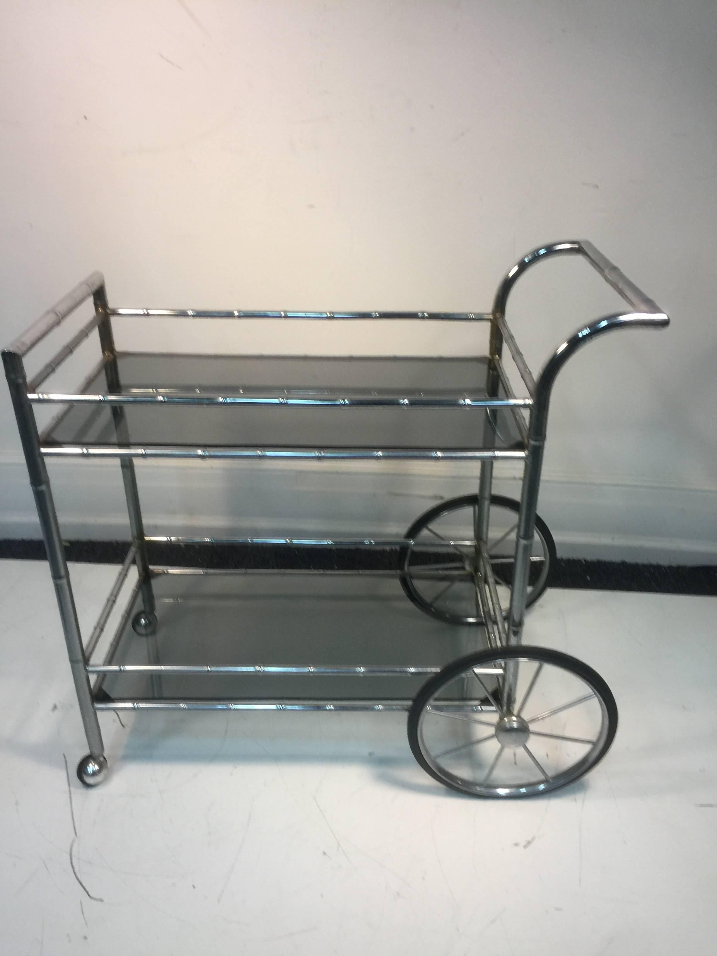 Striking Two-Tier Faux Bamboo Chrome Tea Cart For Sale 1