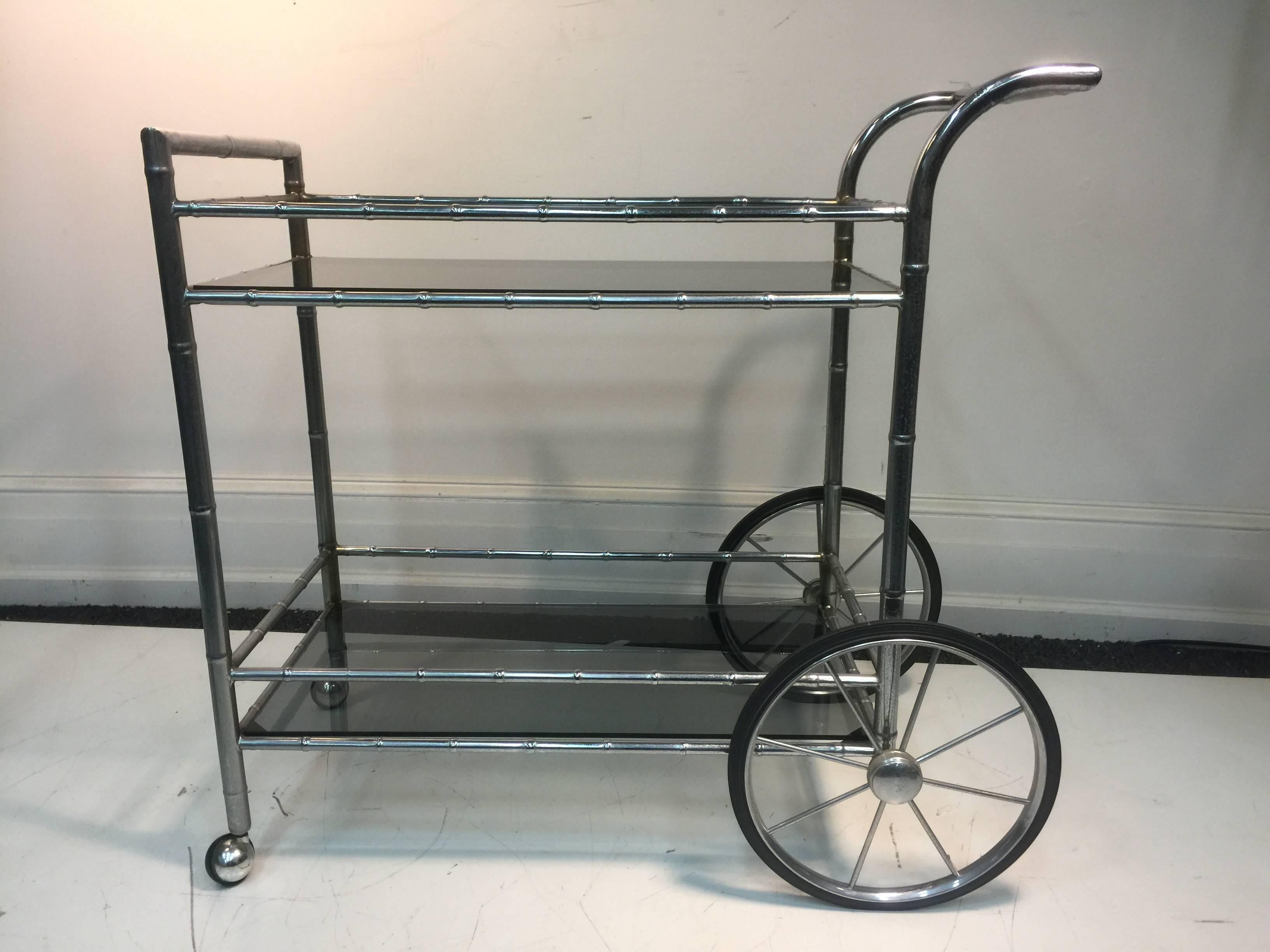Striking Two-Tier Faux Bamboo Chrome Tea Cart For Sale 2