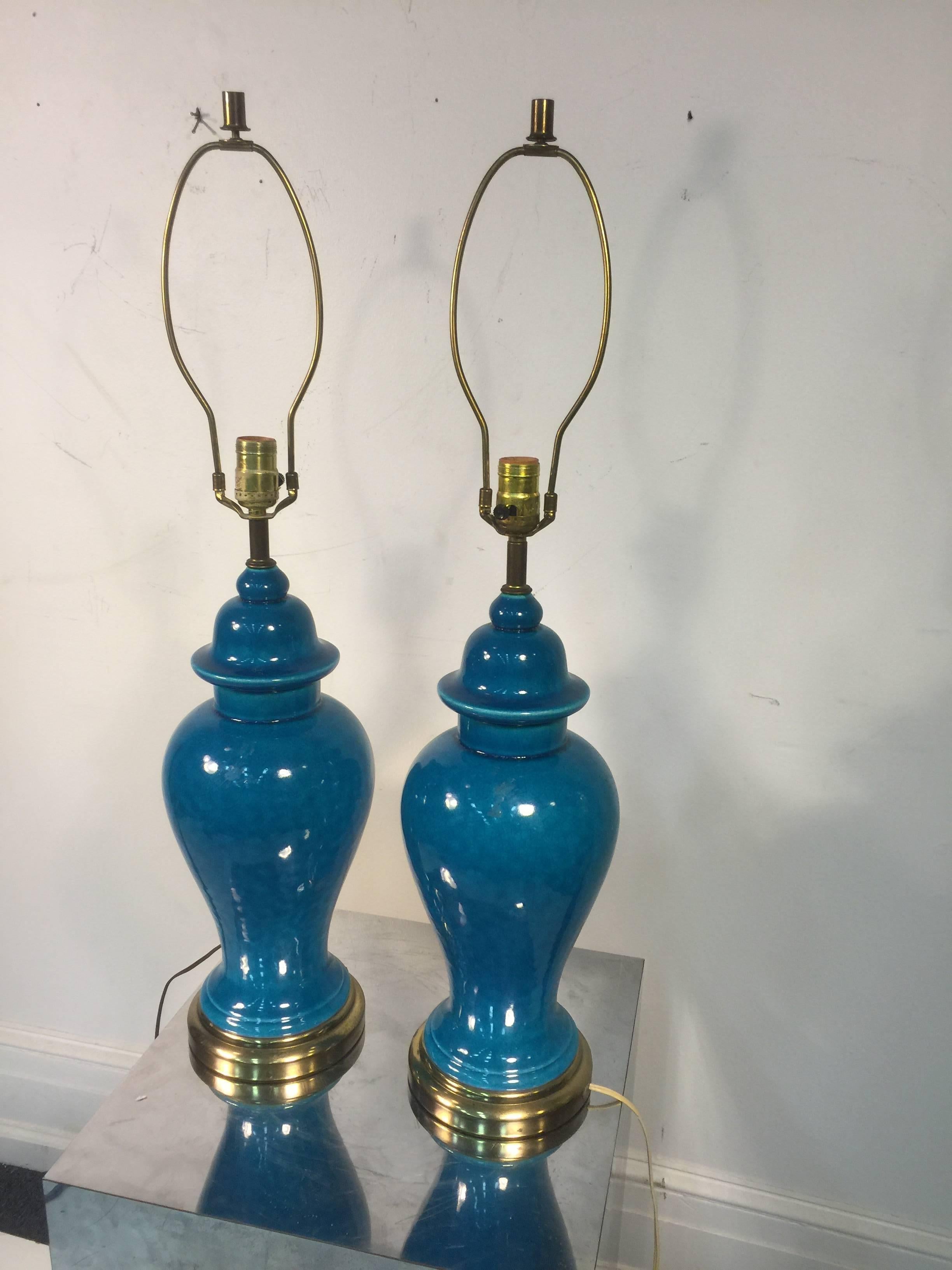 American Gorgeous Pair of Chinese Ginger Jar Glazed Blue Ceramic Table Lamps For Sale