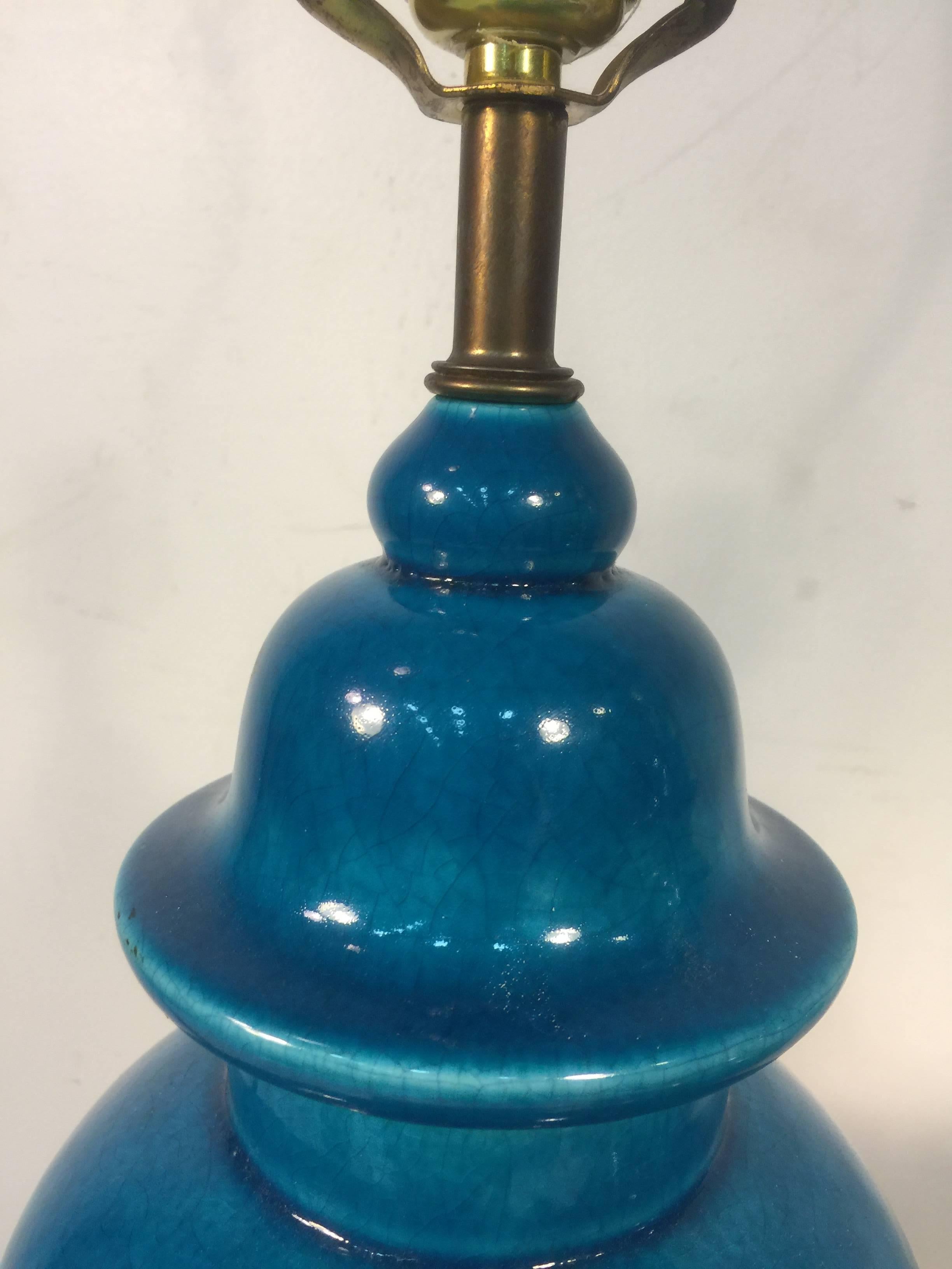 Gorgeous Pair of Chinese Ginger Jar Glazed Blue Ceramic Table Lamps In Good Condition For Sale In Mount Penn, PA