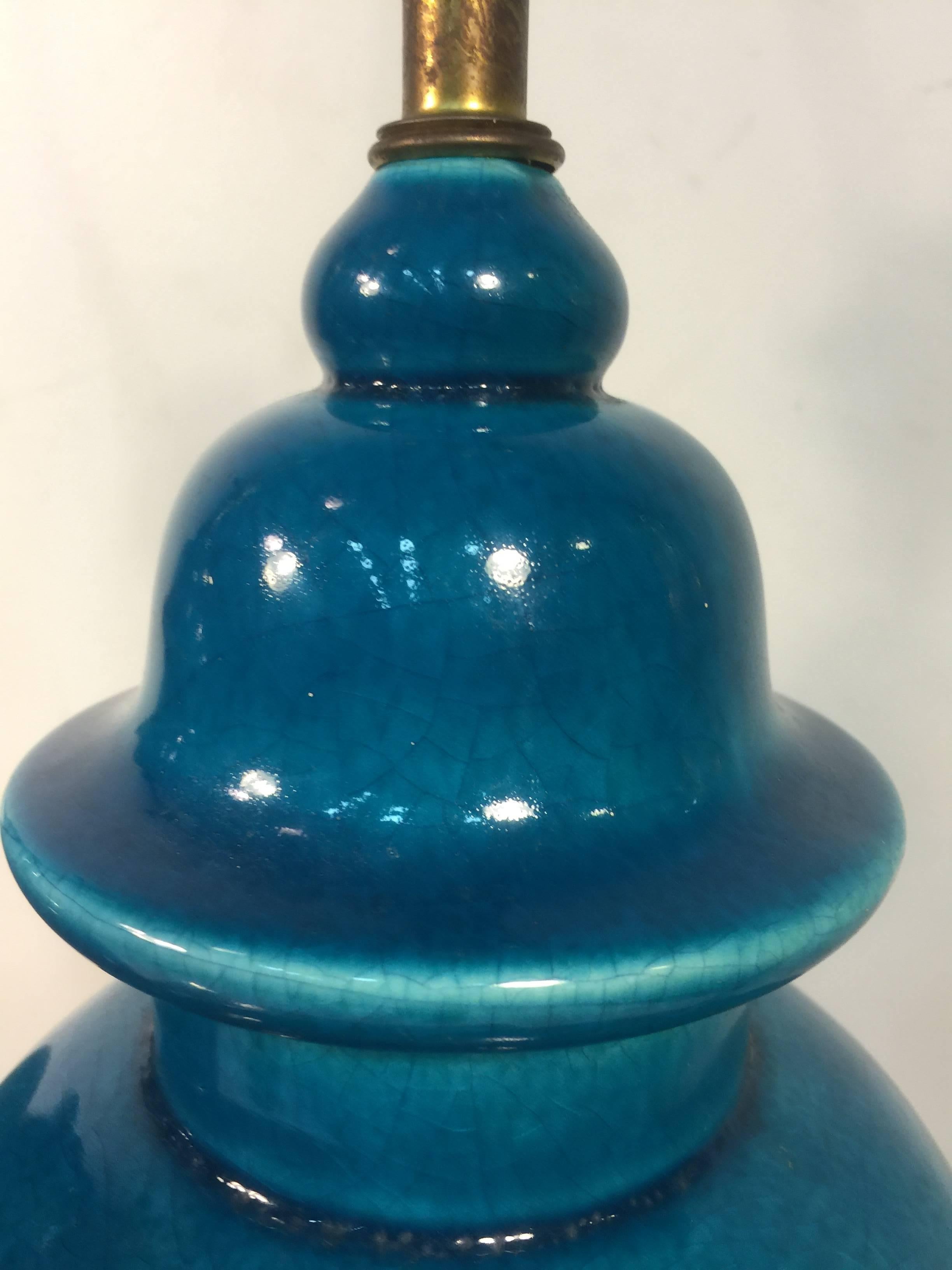 Gorgeous Pair of Chinese Ginger Jar Glazed Blue Ceramic Table Lamps For Sale 1