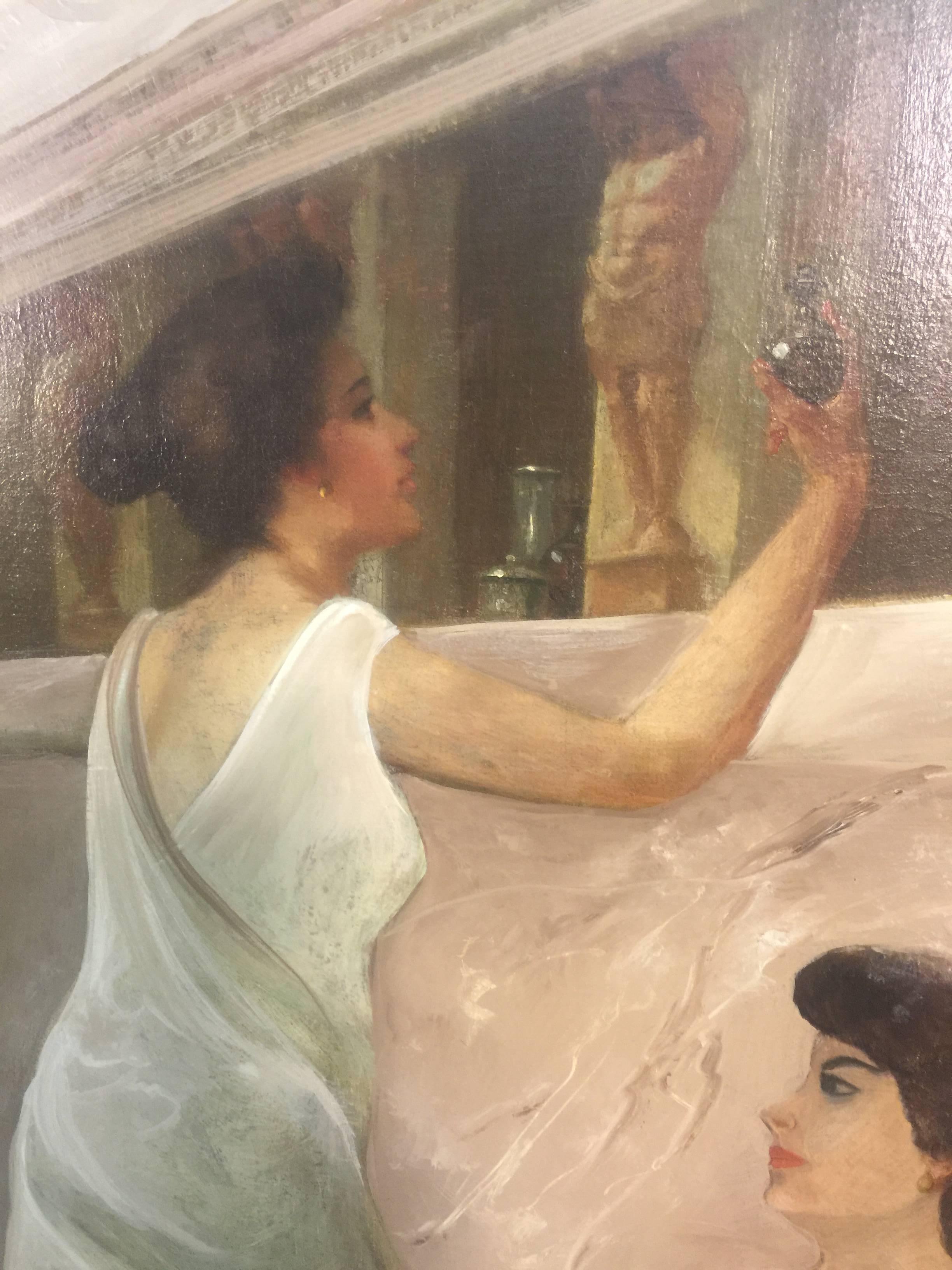 A beautiful neoclassical style oil on canvas of women in a Roman bath house after Lawrence Alma-Tadema, circa 1890. This exceptional painting in a modernistic silver frame is unsigned. It has been relined, and has some repair. In good condition with